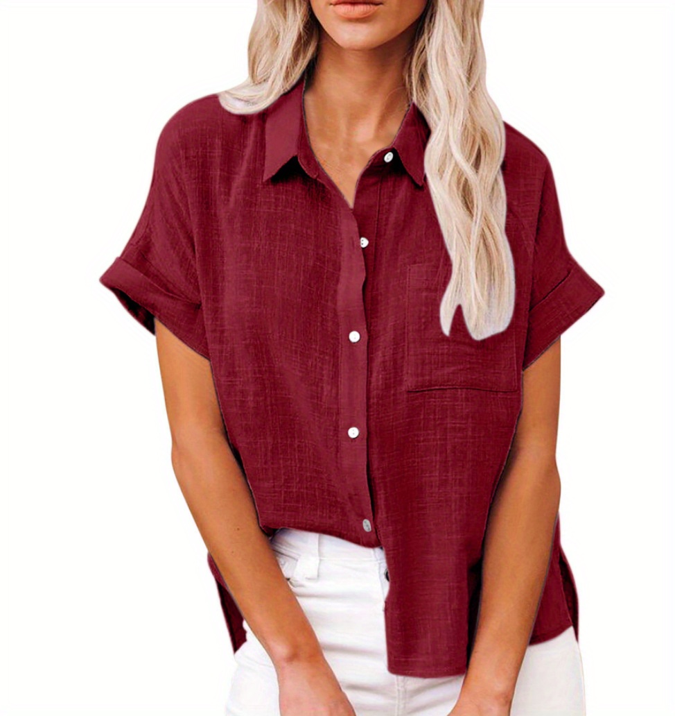 solid color short sleeve blouse casual button front blouse for spring summer womens clothing details 0