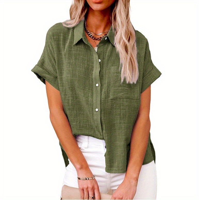 solid color short sleeve blouse casual button front blouse for spring summer womens clothing details 4