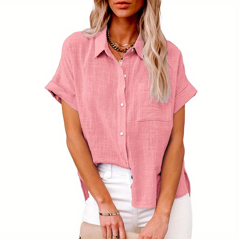 solid color short sleeve blouse casual button front blouse for spring summer womens clothing details 5