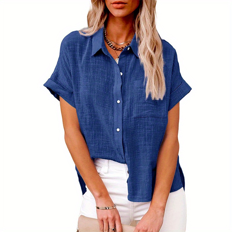 solid color short sleeve blouse casual button front blouse for spring summer womens clothing details 6