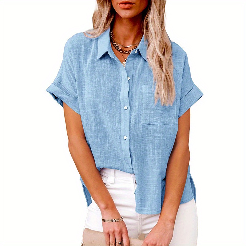 solid color short sleeve blouse casual button front blouse for spring summer womens clothing details 7