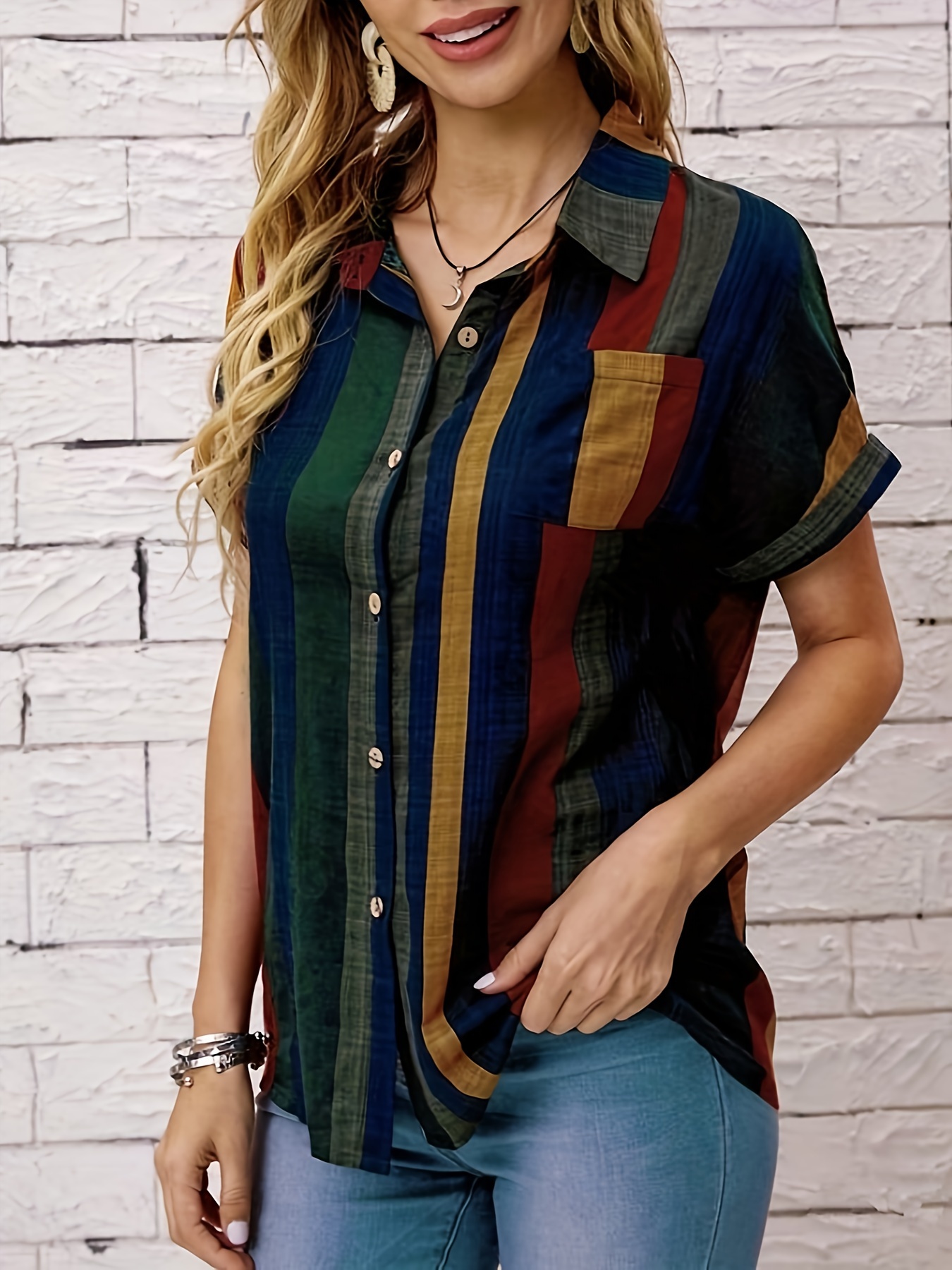 striped print button front blouse vintage short sleeve blouse for spring summer womens clothing details 0