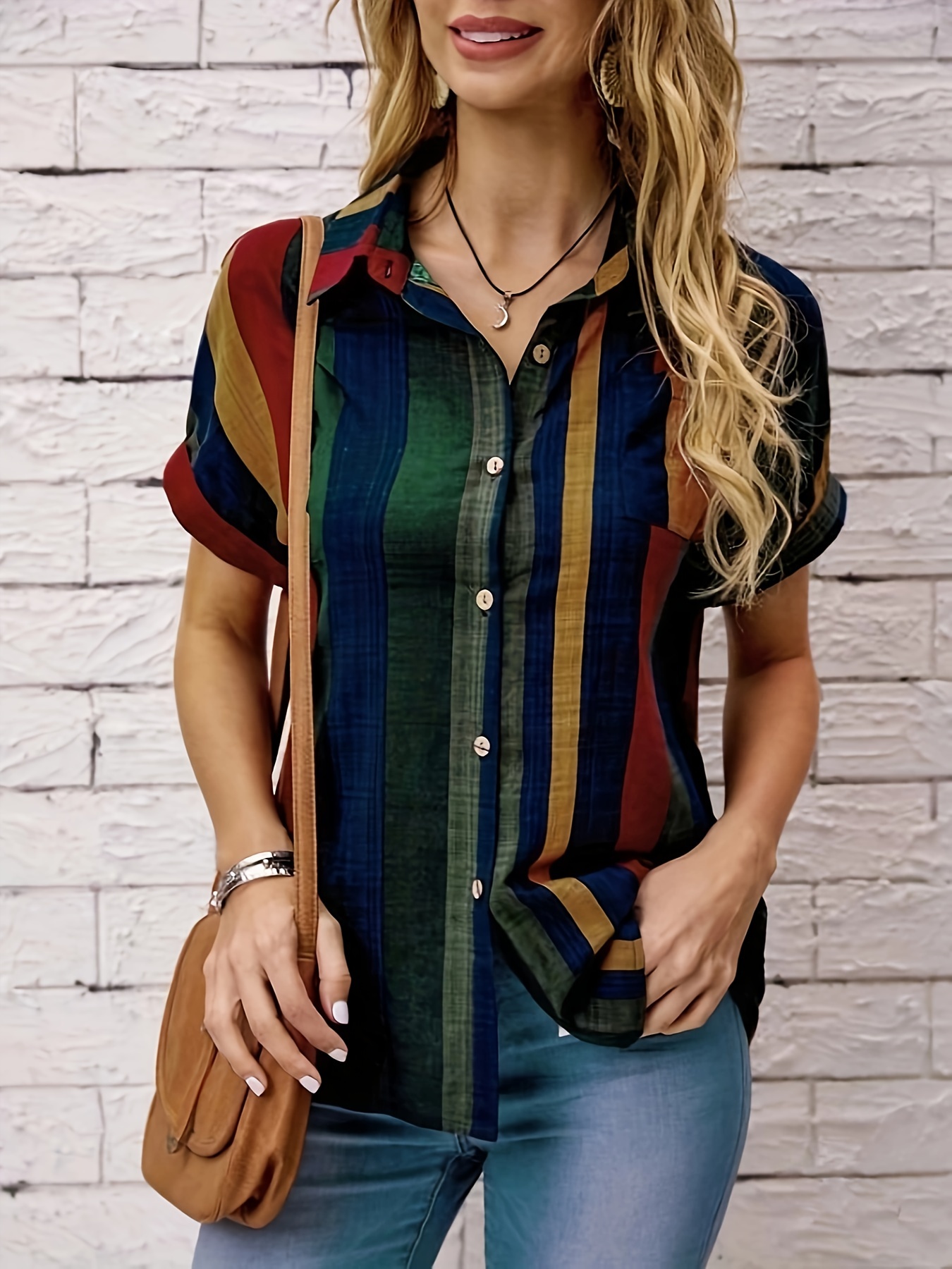 striped print button front blouse vintage short sleeve blouse for spring summer womens clothing details 1