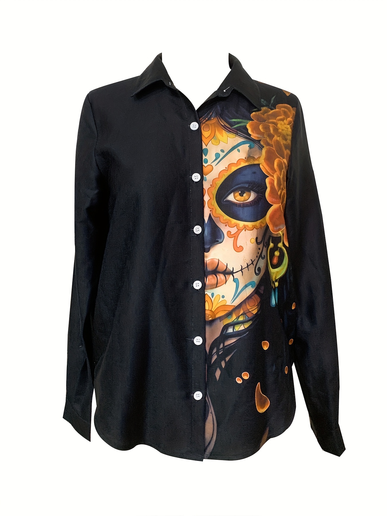 figure print shirt casual button front long sleeve shirt womens clothing details 5