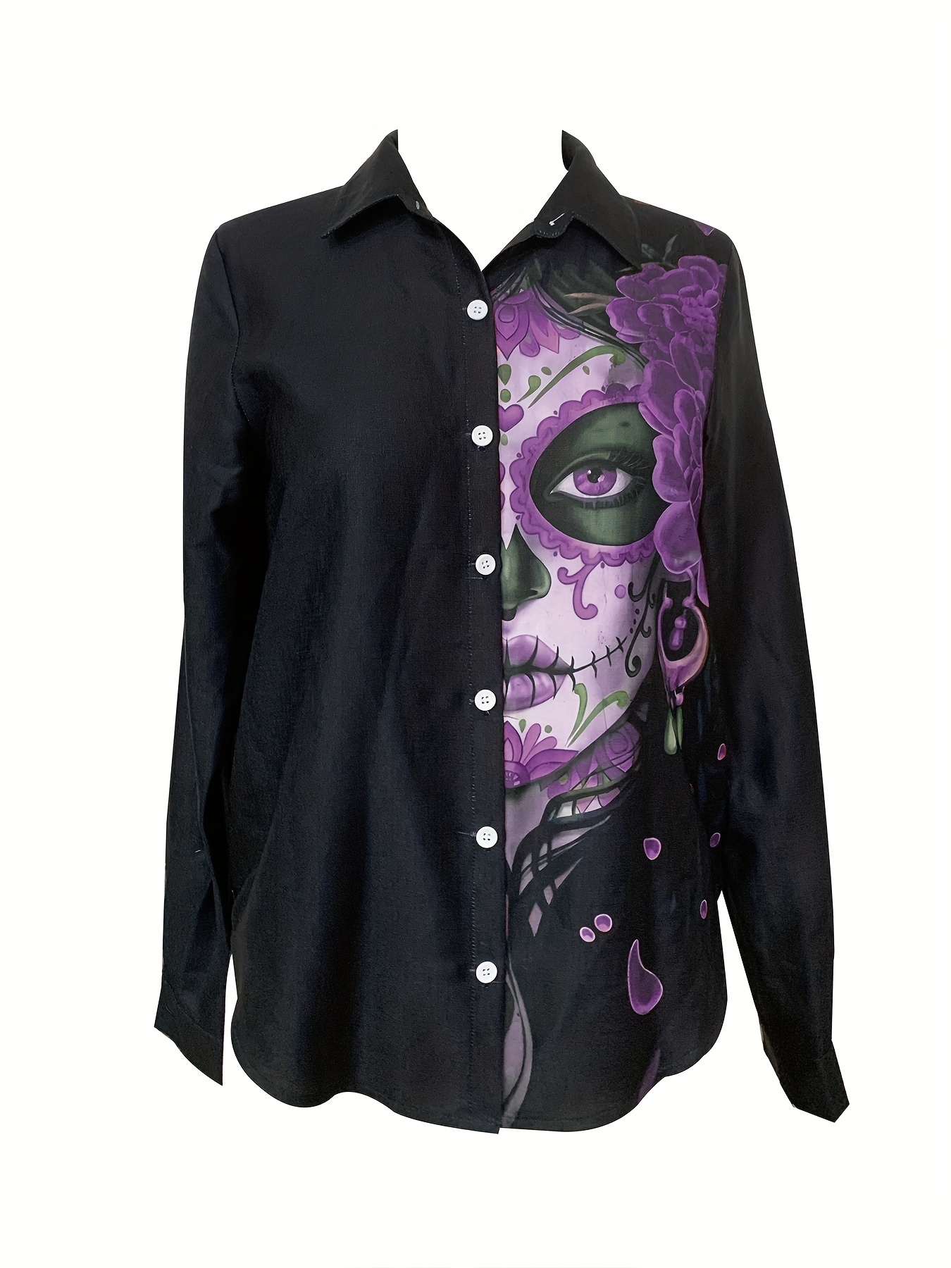 figure print shirt casual button front long sleeve shirt womens clothing details 8