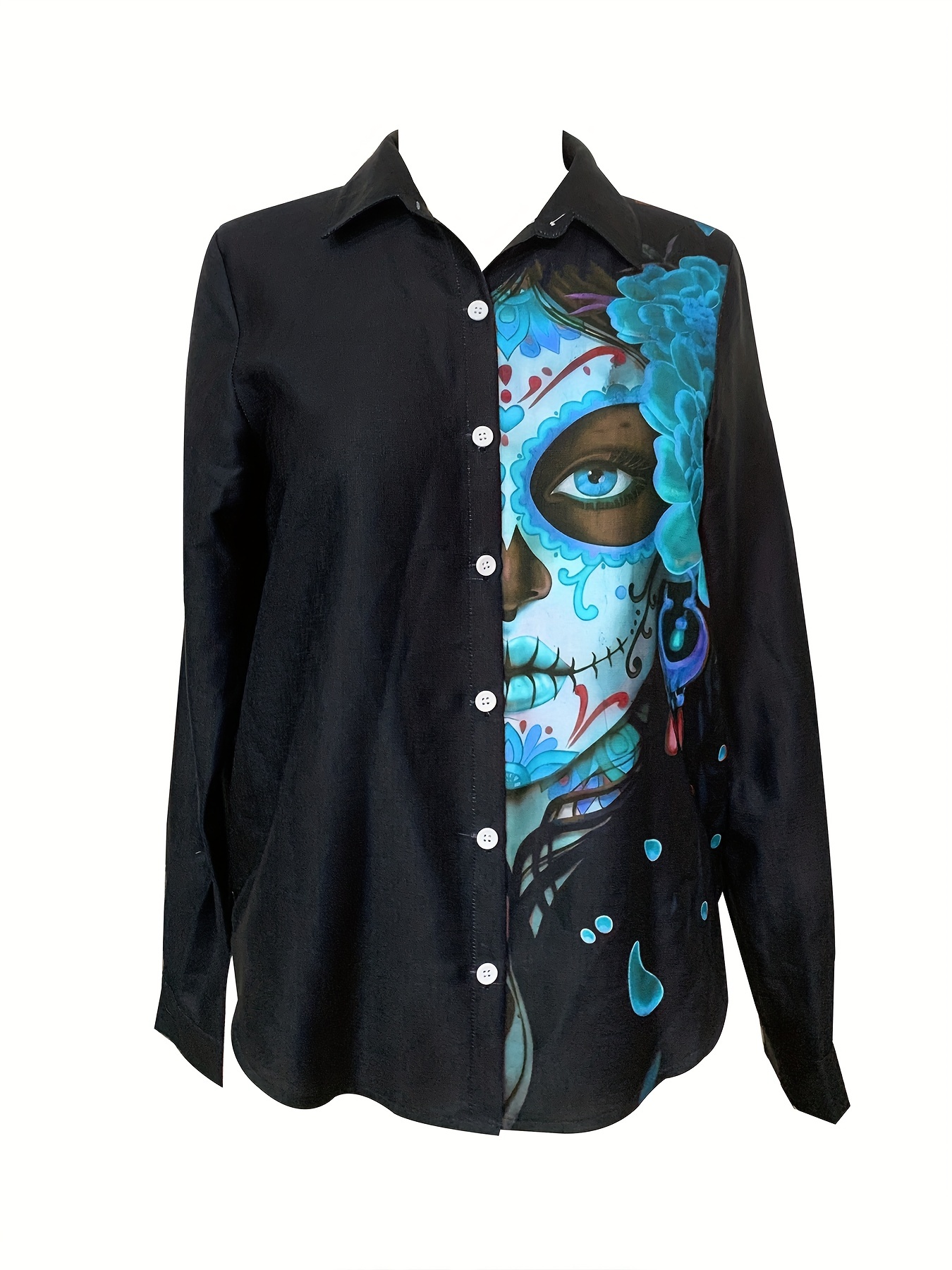 figure print shirt casual button front long sleeve shirt womens clothing details 11