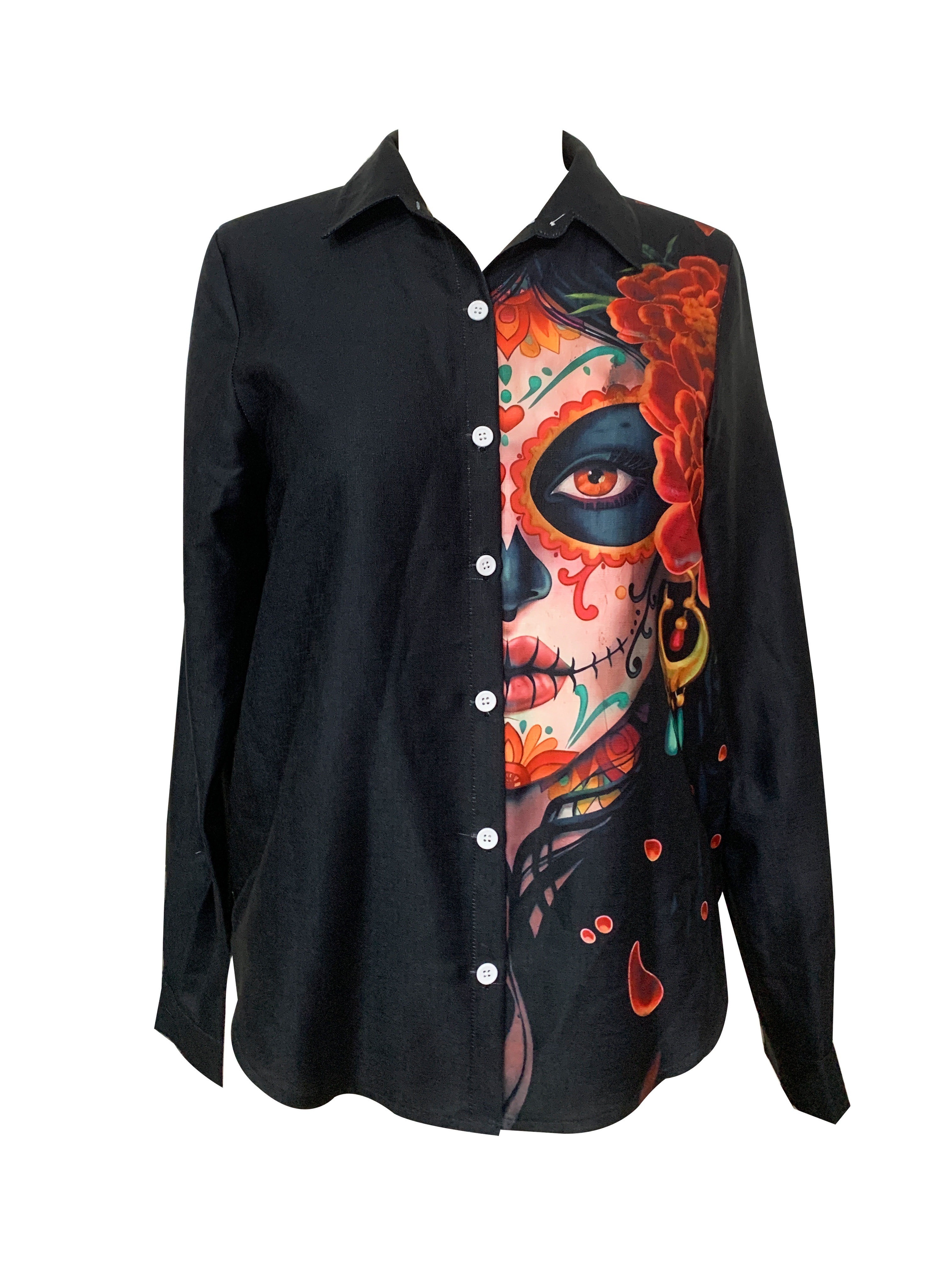 figure print shirt casual button front long sleeve shirt womens clothing details 14