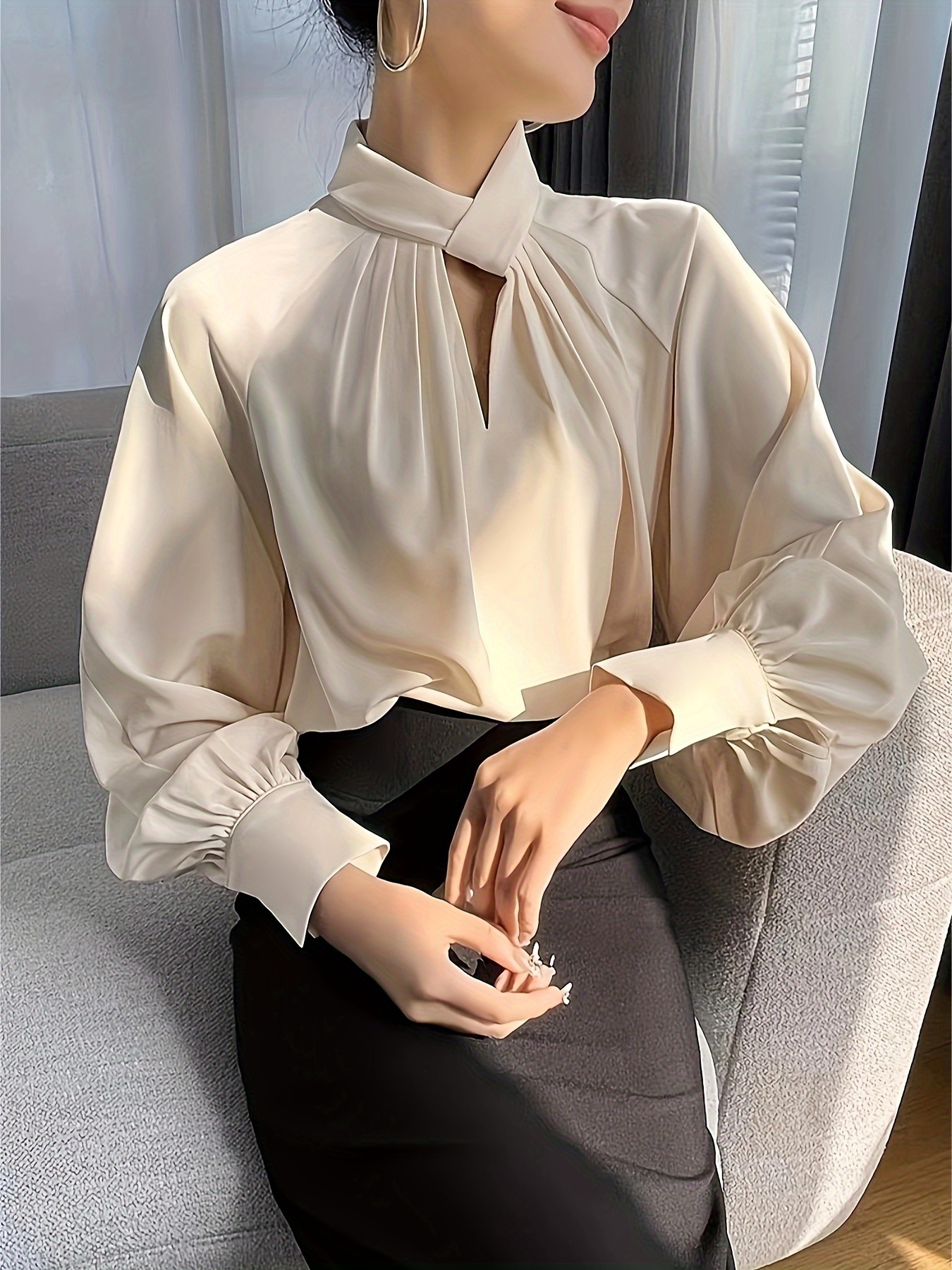 solid pleated cut out blouse, solid pleated cut out blouse elegant lantern sleeve blouse for spring fall womens clothing details 1