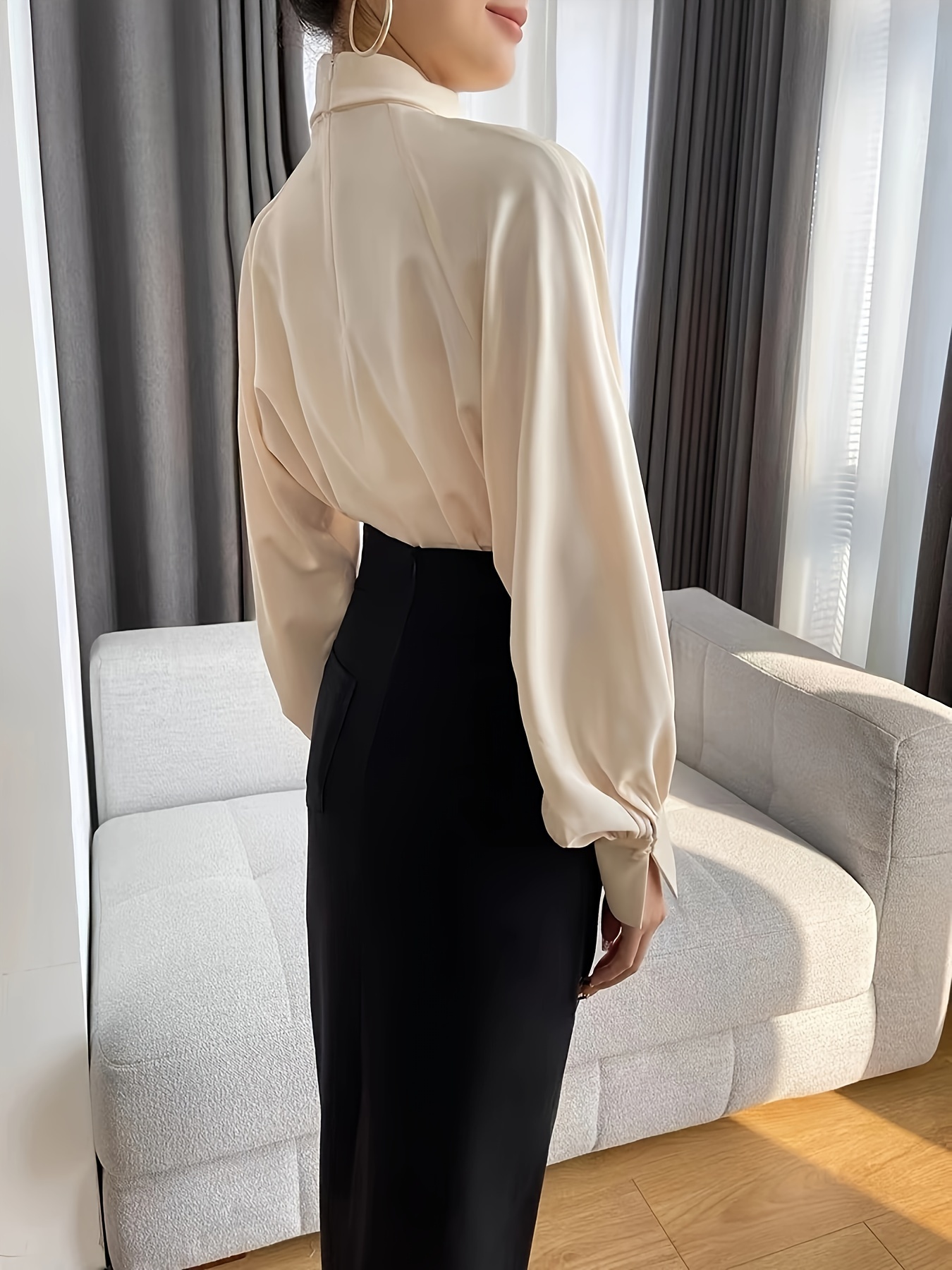 solid pleated cut out blouse, solid pleated cut out blouse elegant lantern sleeve blouse for spring fall womens clothing details 2