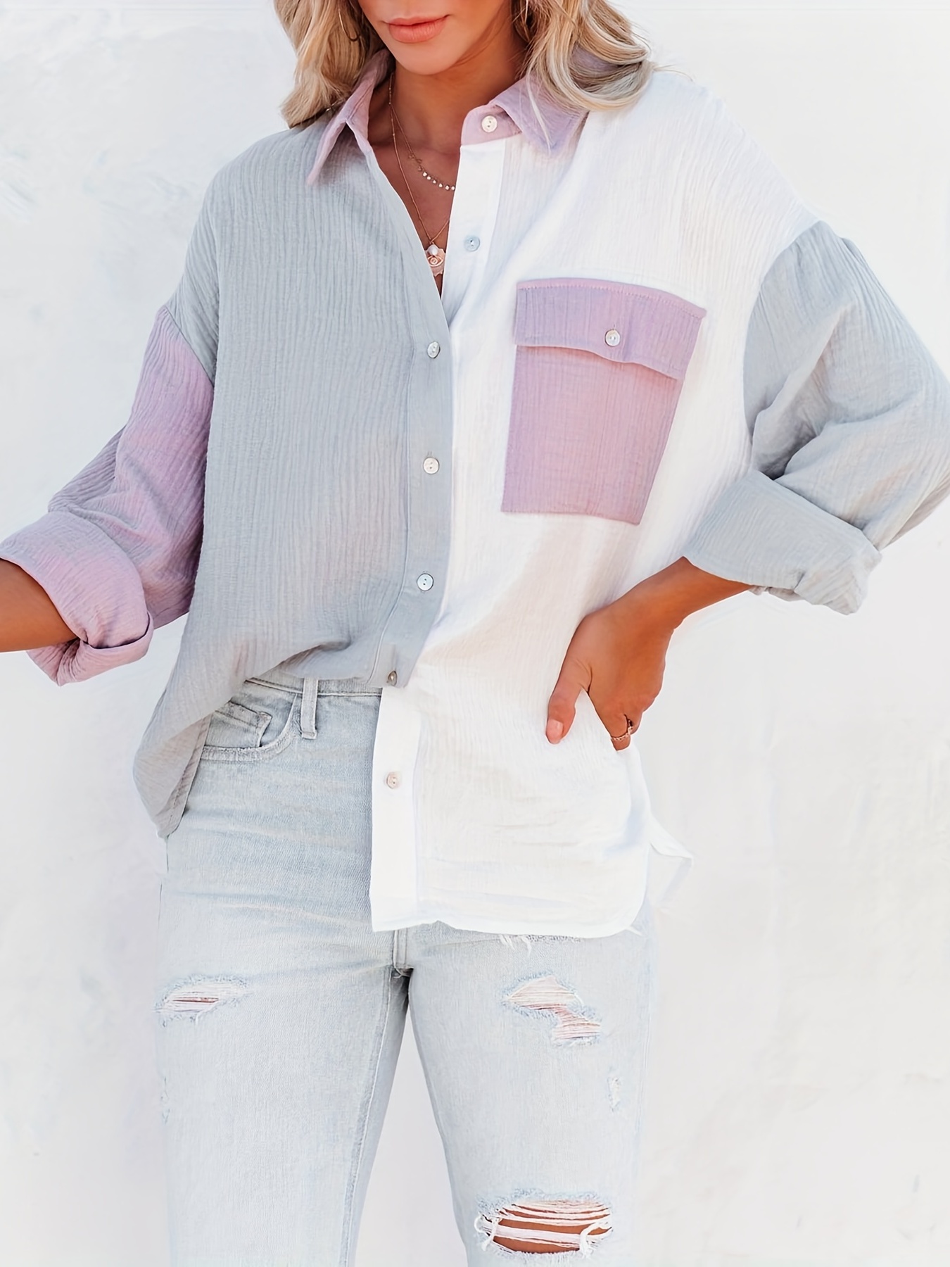 color block stitching shirt casual pocket long sleeve button down shirt womens clothing details 19