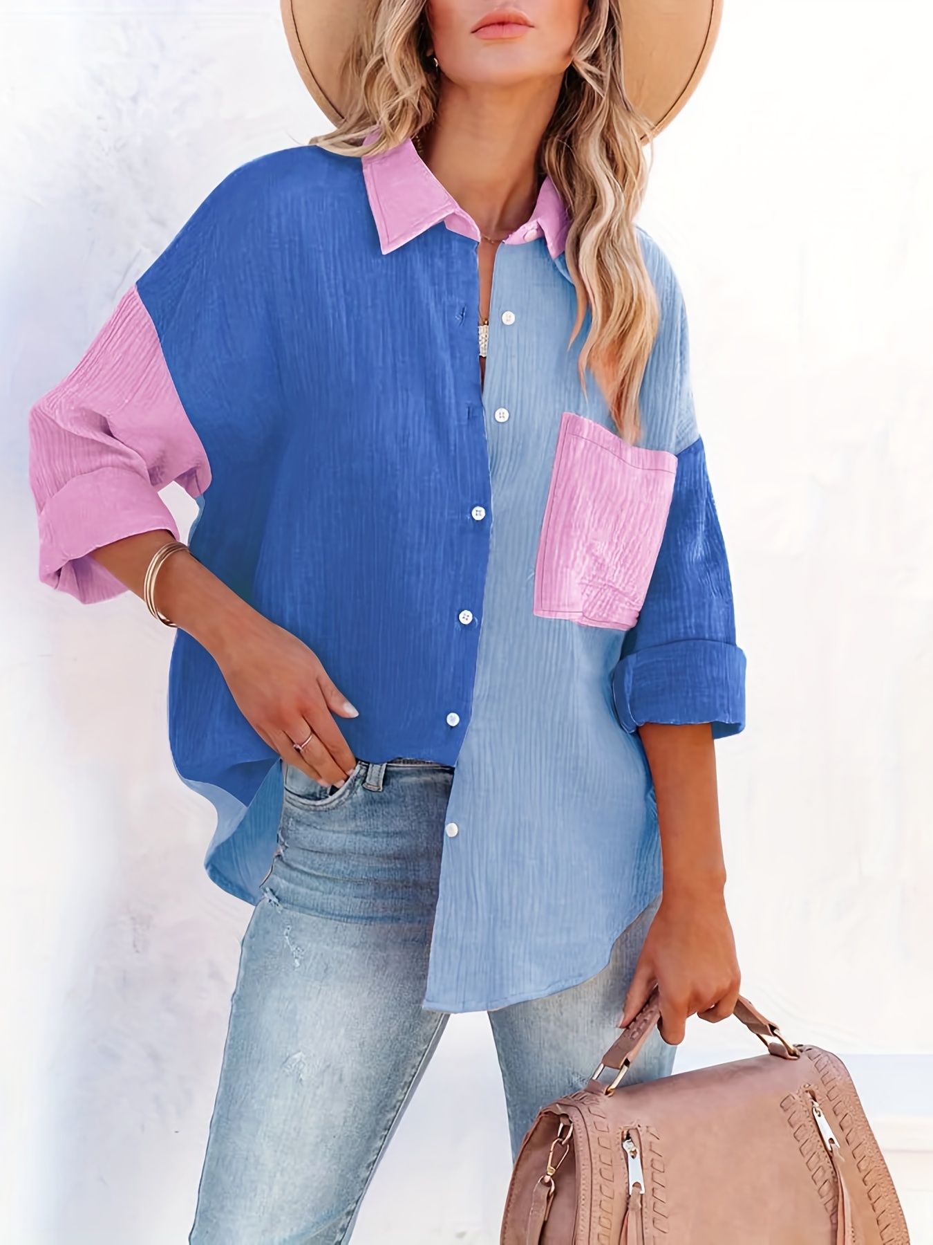 color block stitching shirt casual pocket long sleeve button down shirt womens clothing details 20