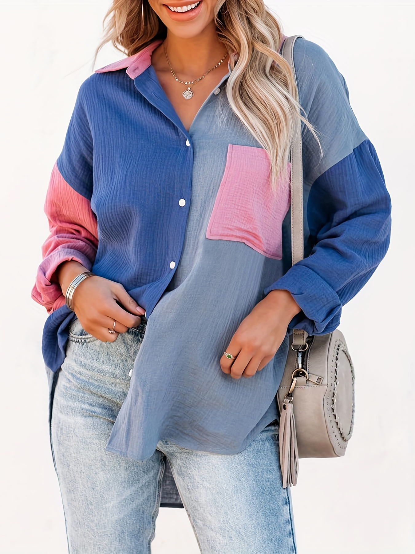 color block stitching shirt casual pocket long sleeve button down shirt womens clothing details 24