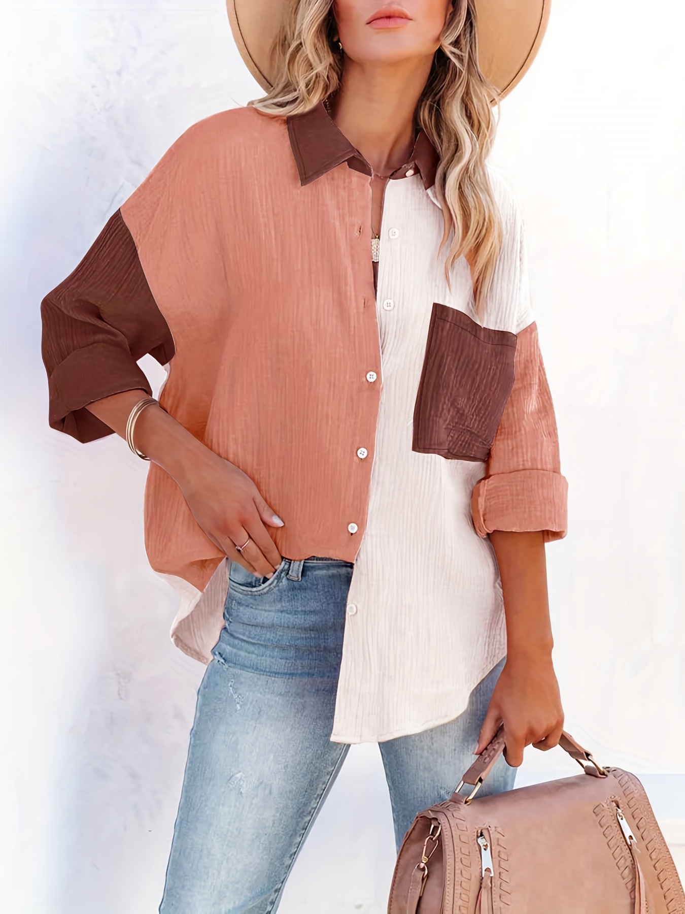 color block stitching shirt casual pocket long sleeve button down shirt womens clothing details 32