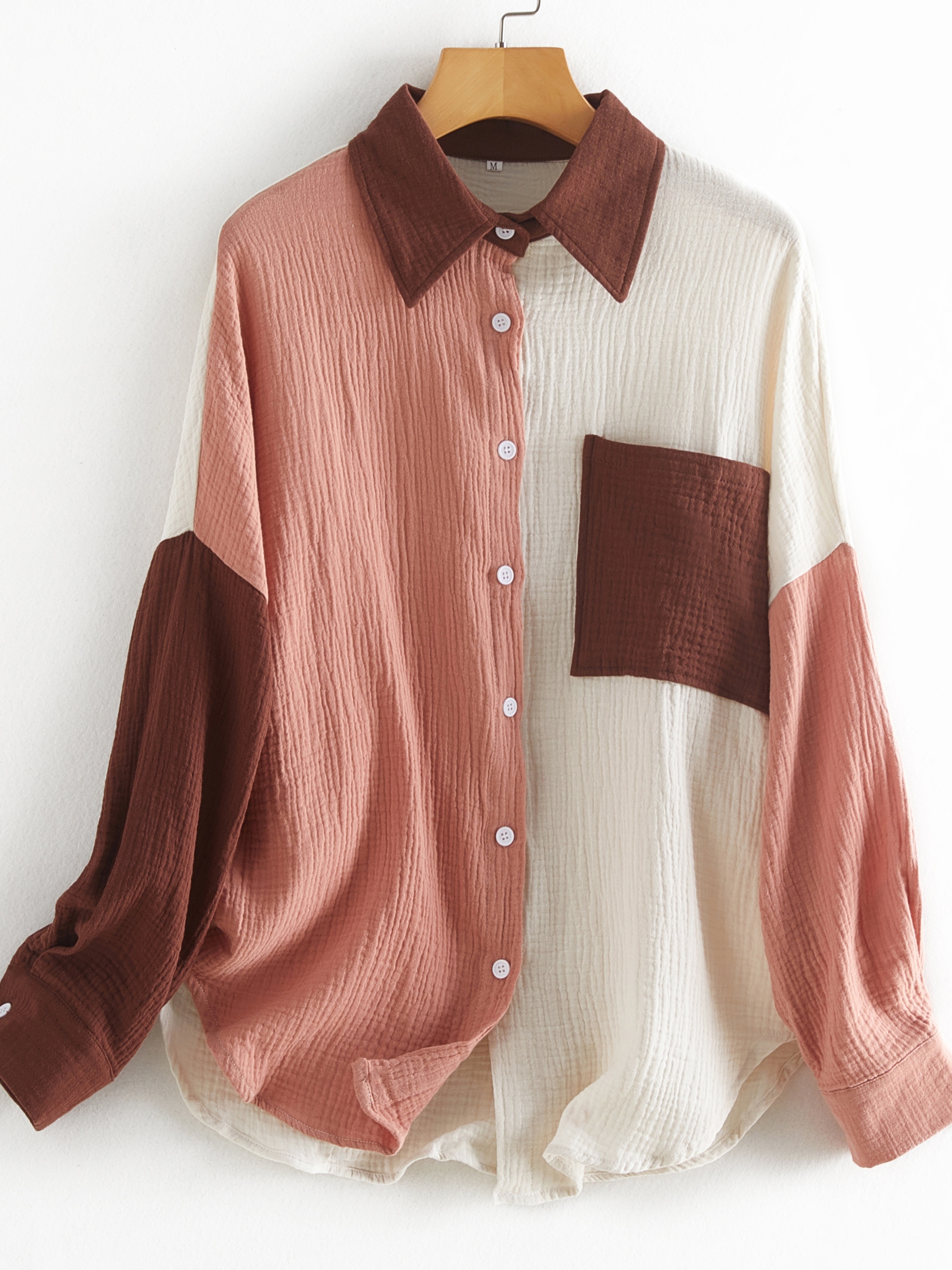 color block stitching shirt casual pocket long sleeve button down shirt womens clothing details 33