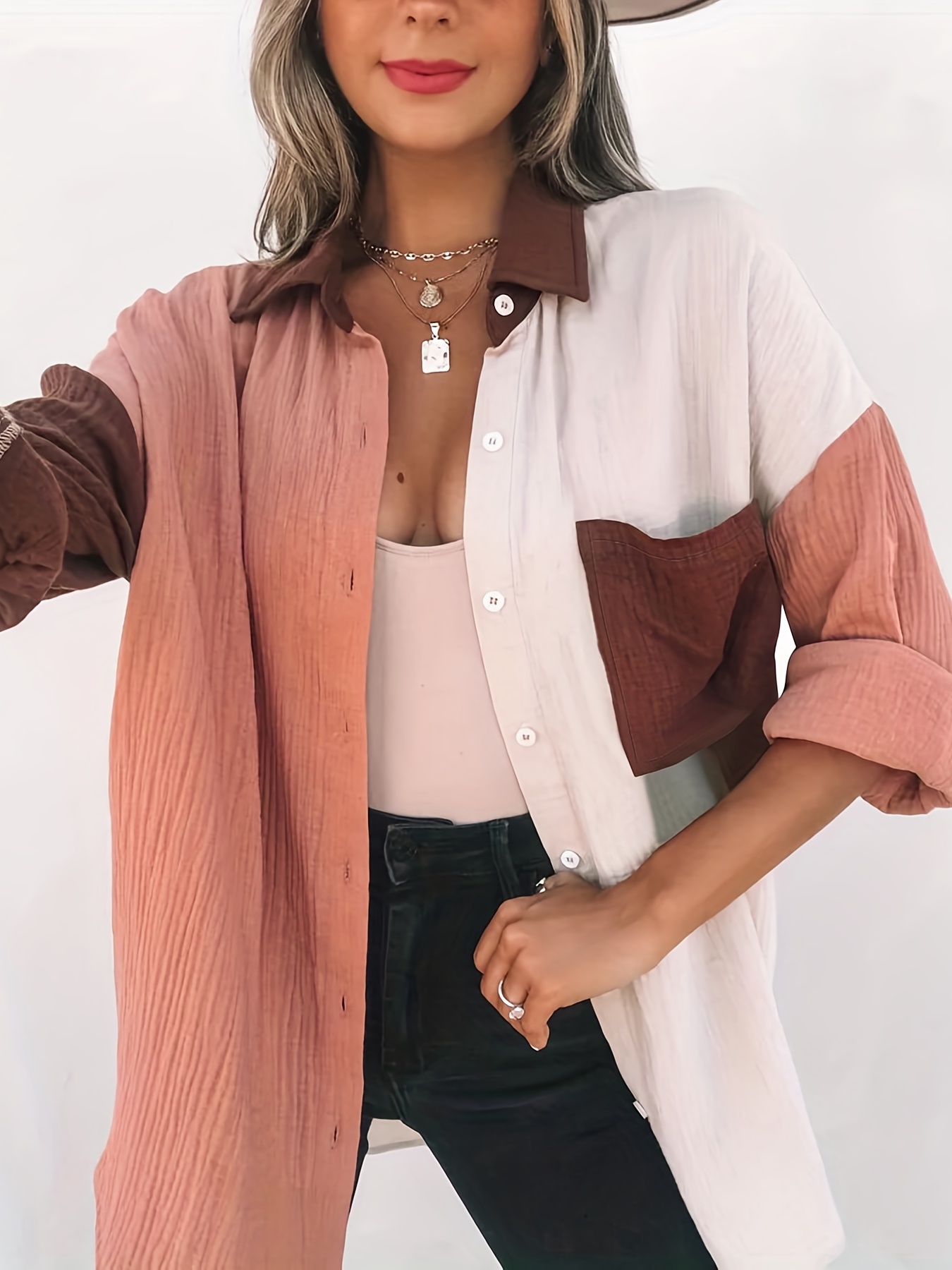 color block stitching shirt casual pocket long sleeve button down shirt womens clothing details 36