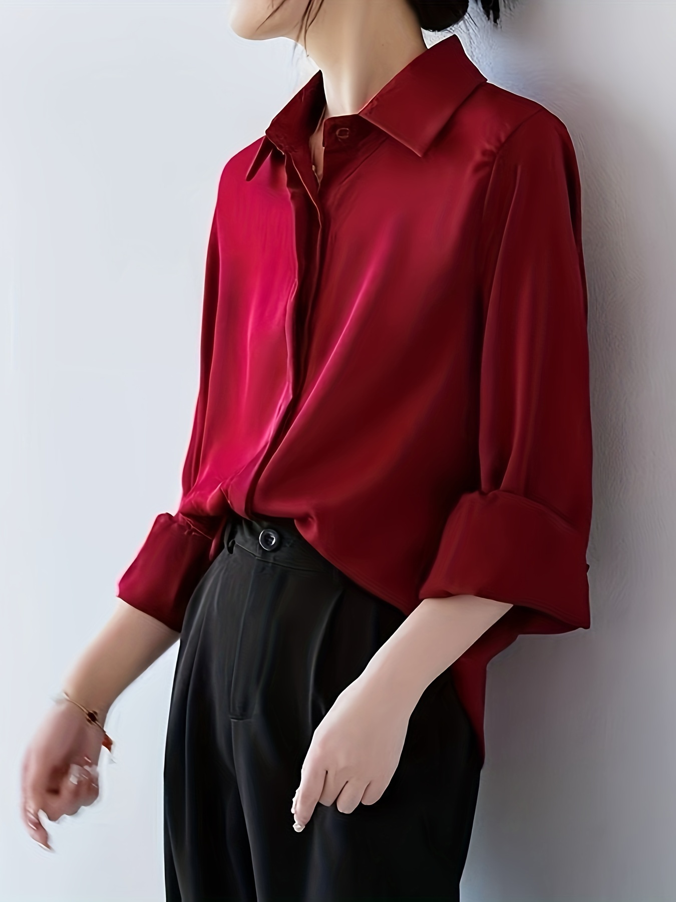 solid polo collar button shirt casual long sleeve shirt for spring fall womens clothing details 4