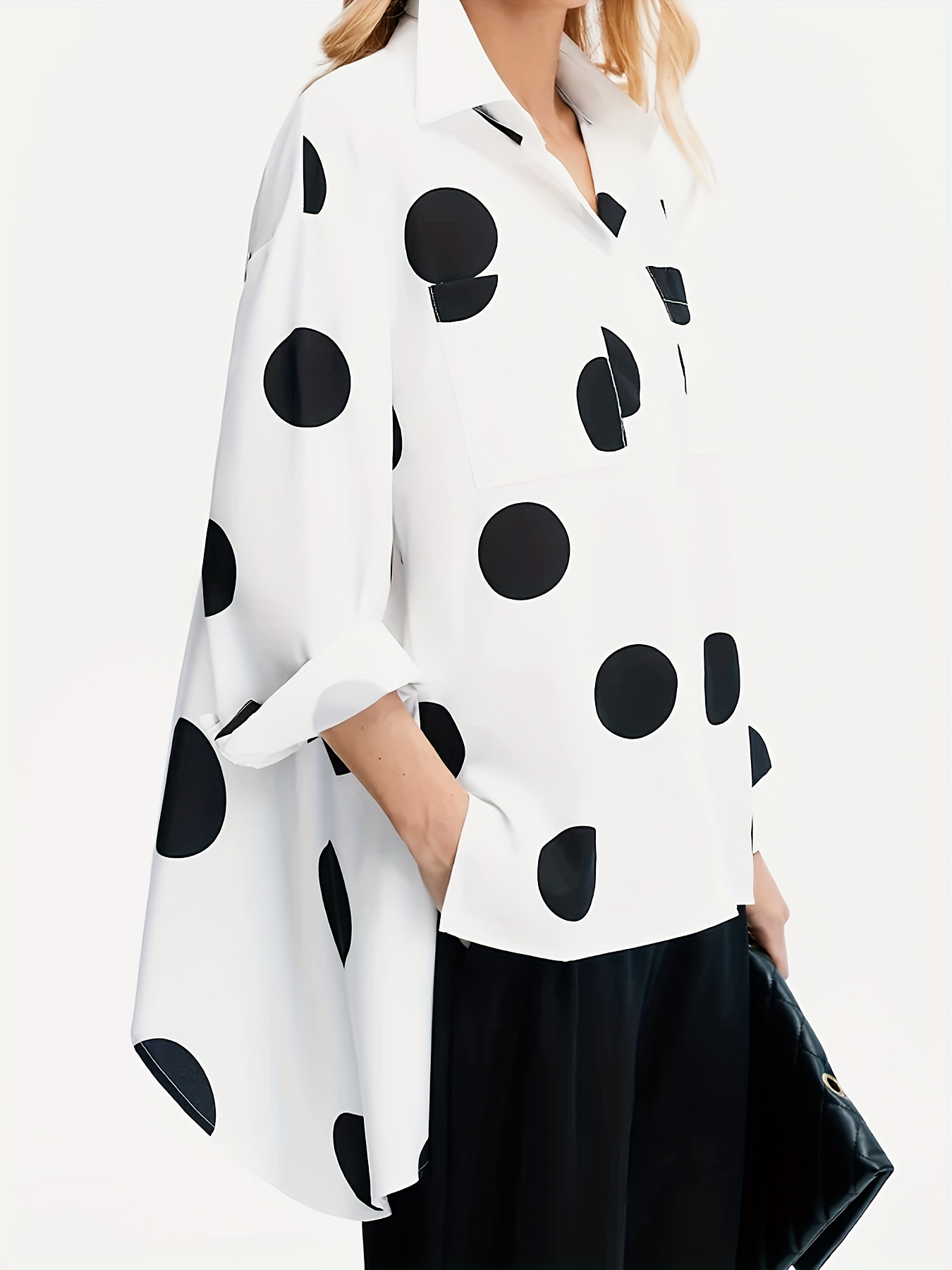 polka dot print dipped hem blouse, polka dot print dipped hem blouse casual button front long sleeve blouse womens clothing details 2