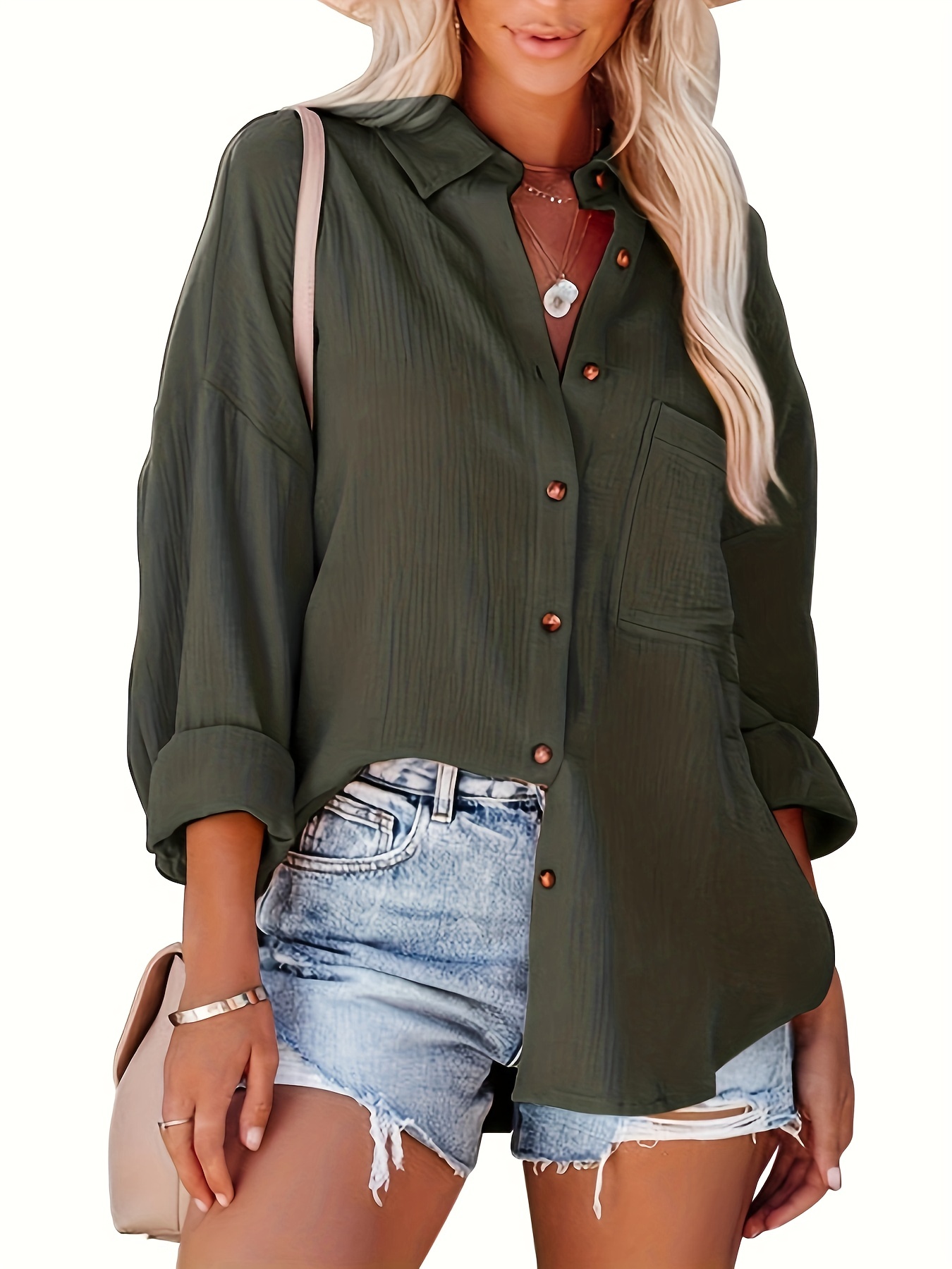 solid drop shoulder shirt casual button front turn down collar shirt with pocket womens clothing details 20