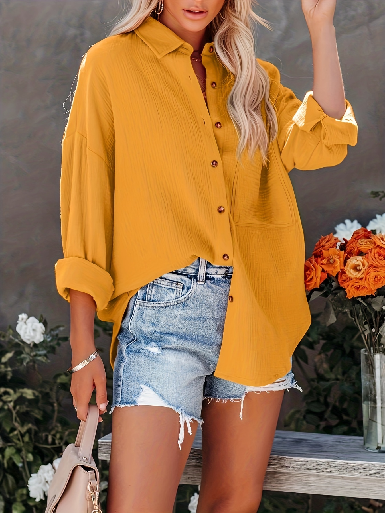 solid drop shoulder shirt casual button front turn down collar shirt with pocket womens clothing details 27