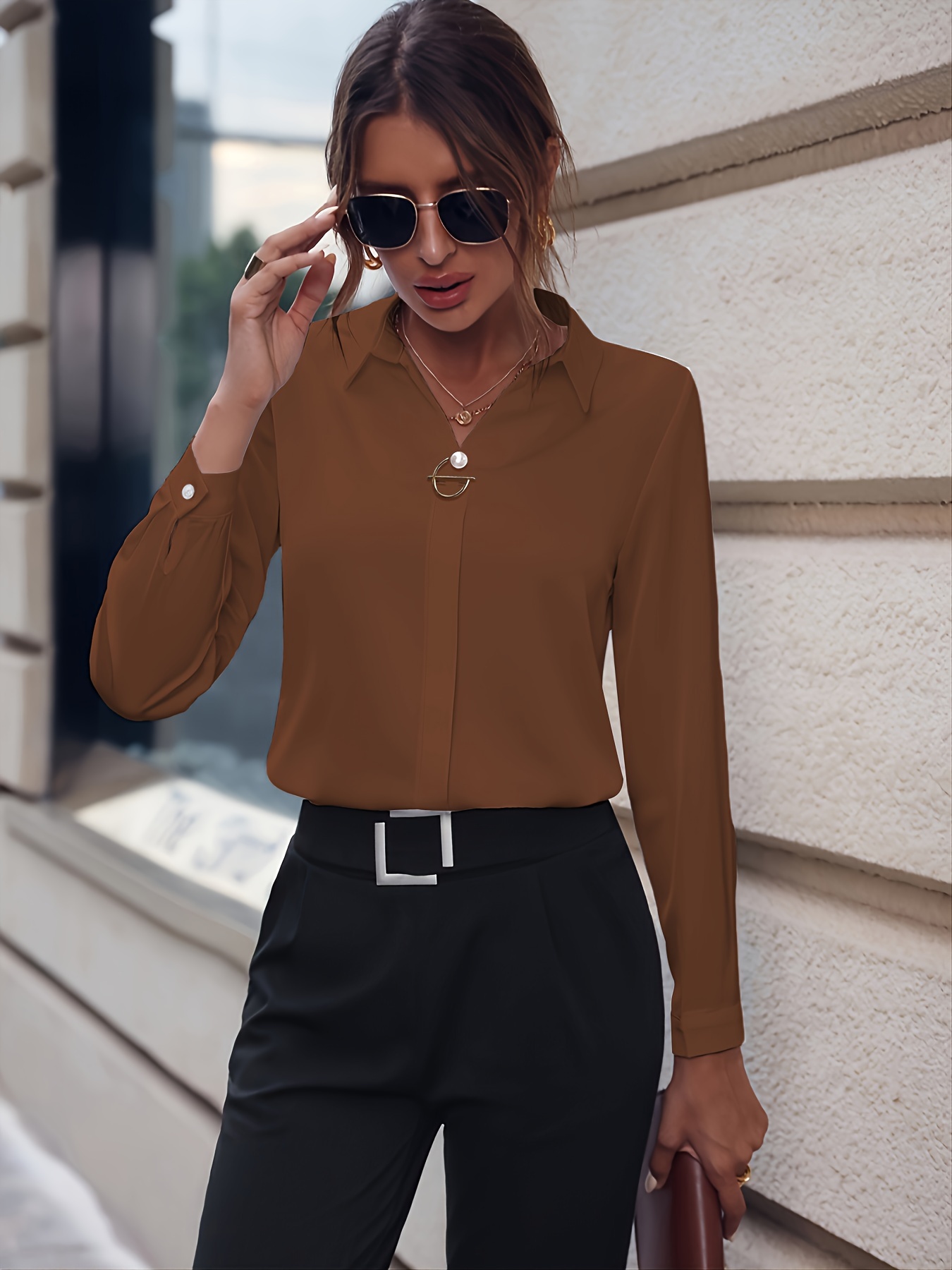 solid lapel slim shirt, solid lapel slim shirt elegant long sleeve shirt for spring fall womens clothing details 0