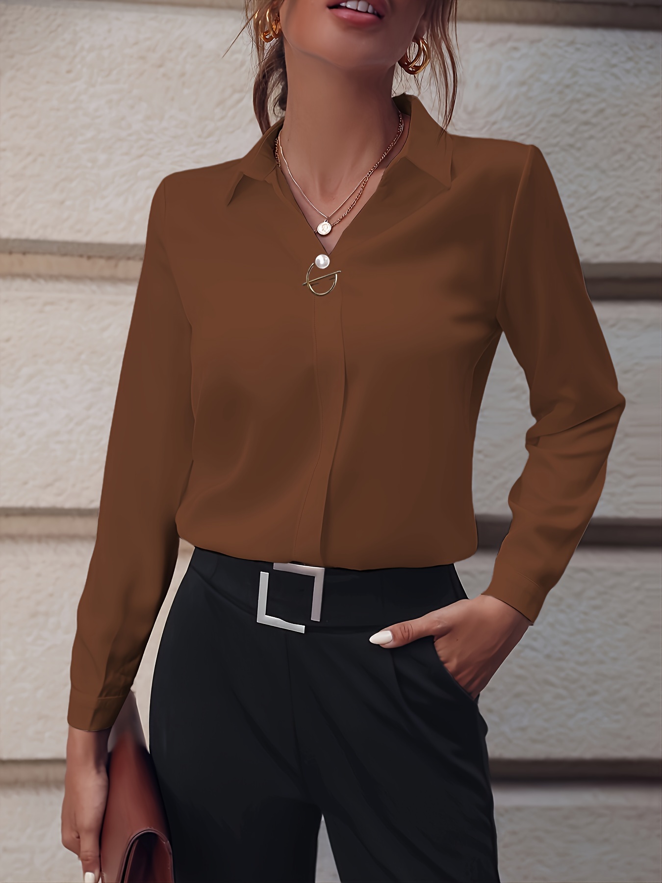 solid lapel slim shirt, solid lapel slim shirt elegant long sleeve shirt for spring fall womens clothing details 1