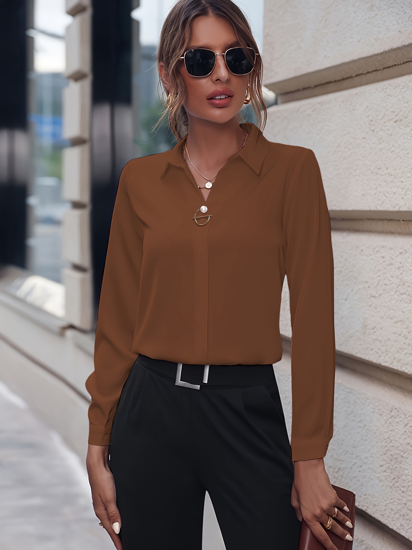 solid lapel slim shirt, solid lapel slim shirt elegant long sleeve shirt for spring fall womens clothing details 2