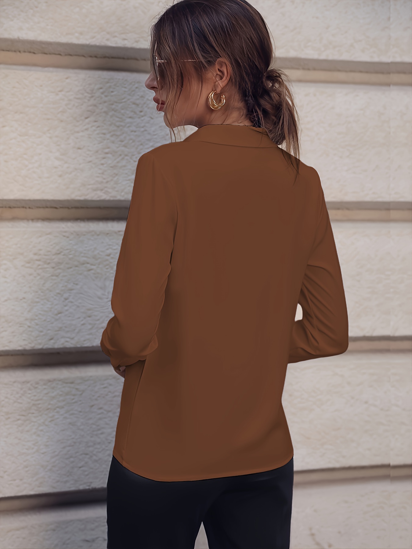 solid lapel slim shirt, solid lapel slim shirt elegant long sleeve shirt for spring fall womens clothing details 3