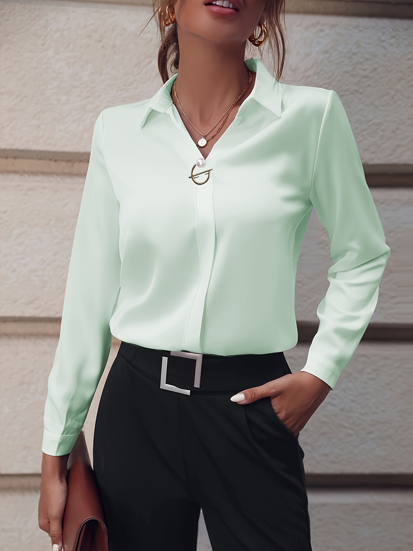 solid lapel slim shirt, solid lapel slim shirt elegant long sleeve shirt for spring fall womens clothing details 7