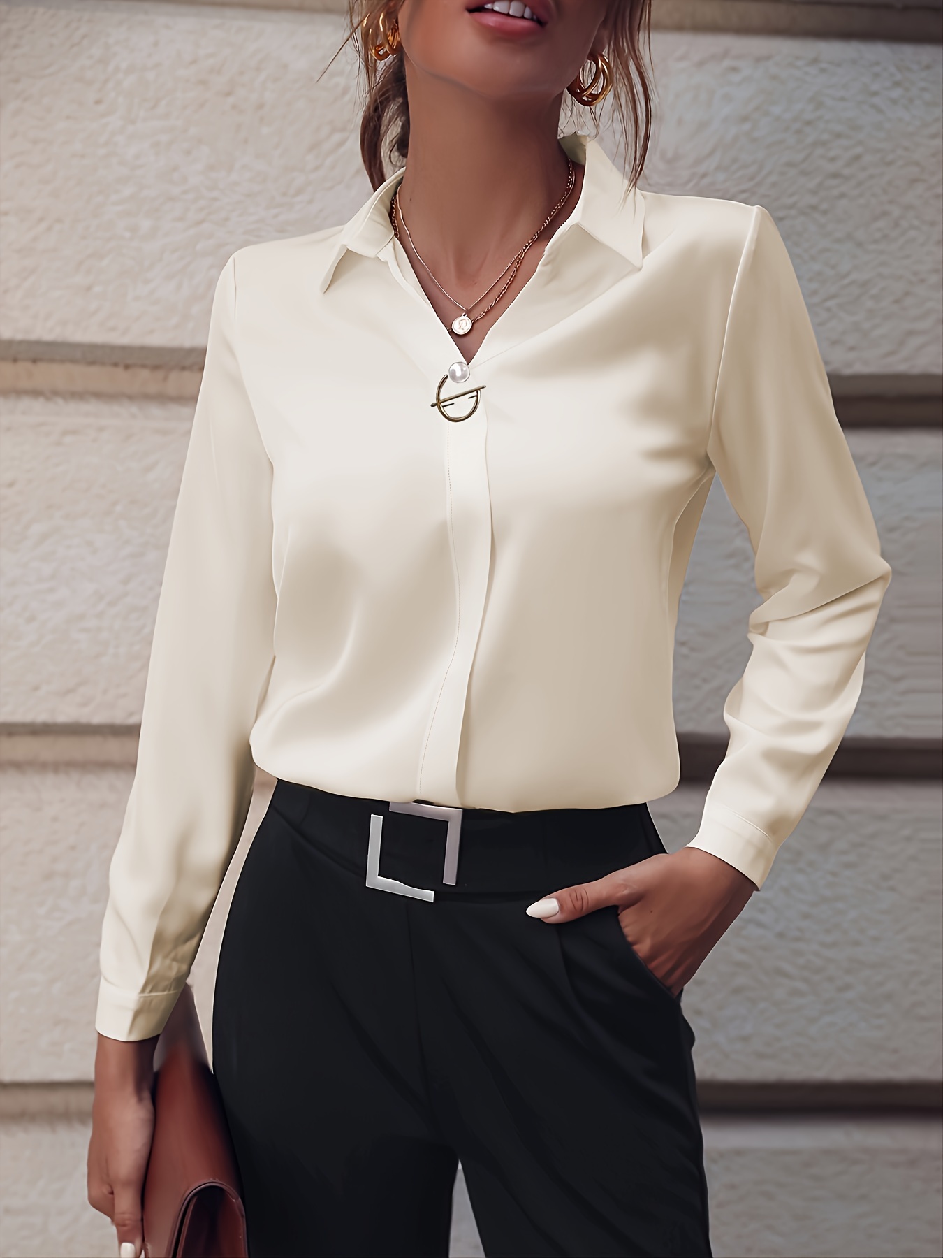 solid lapel slim shirt, solid lapel slim shirt elegant long sleeve shirt for spring fall womens clothing details 11