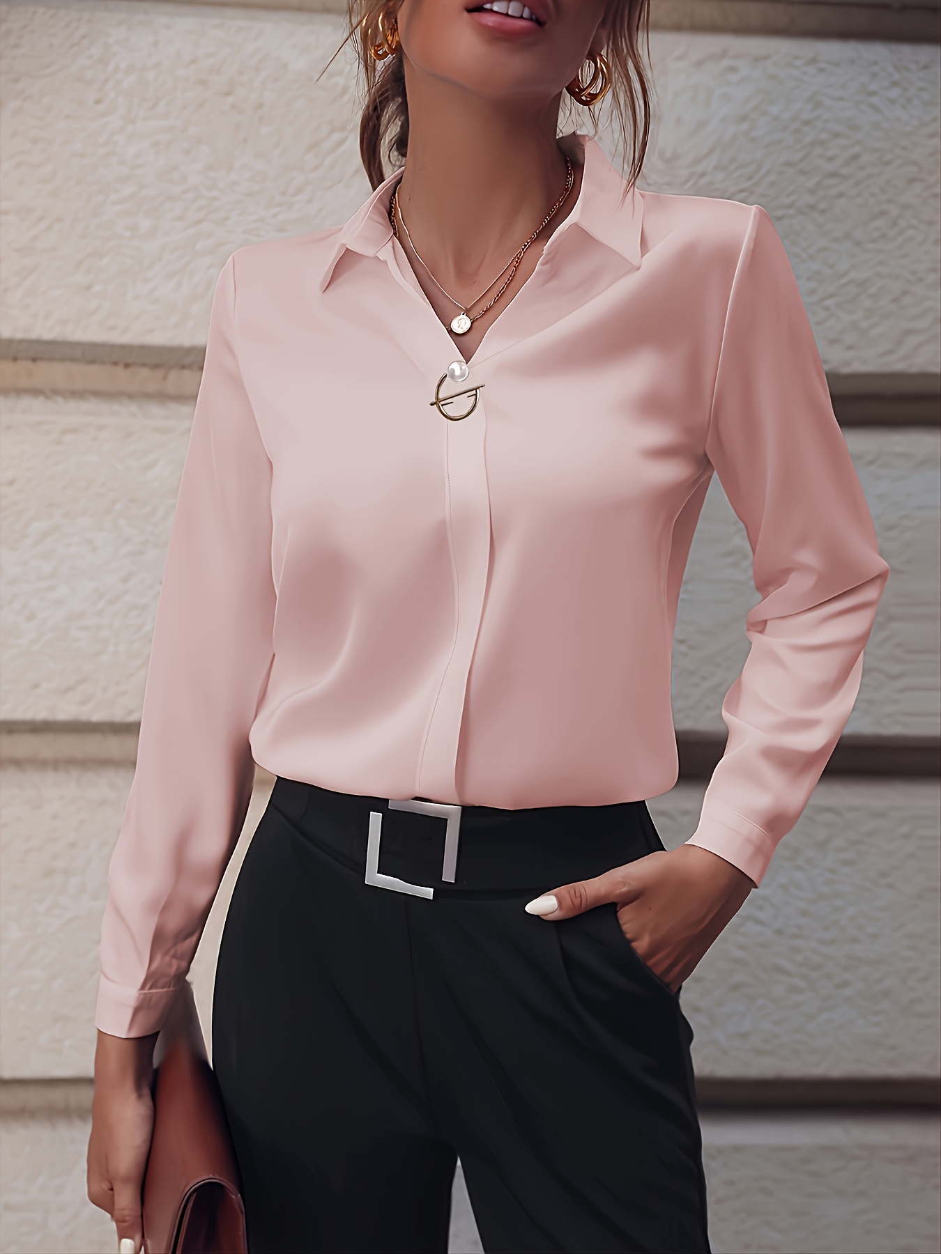 solid lapel slim shirt, solid lapel slim shirt elegant long sleeve shirt for spring fall womens clothing details 27