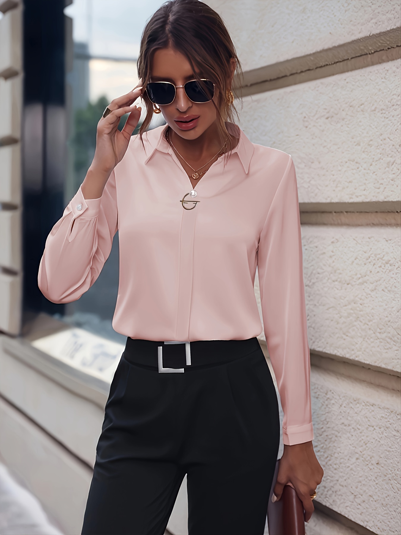 solid lapel slim shirt, solid lapel slim shirt elegant long sleeve shirt for spring fall womens clothing details 28