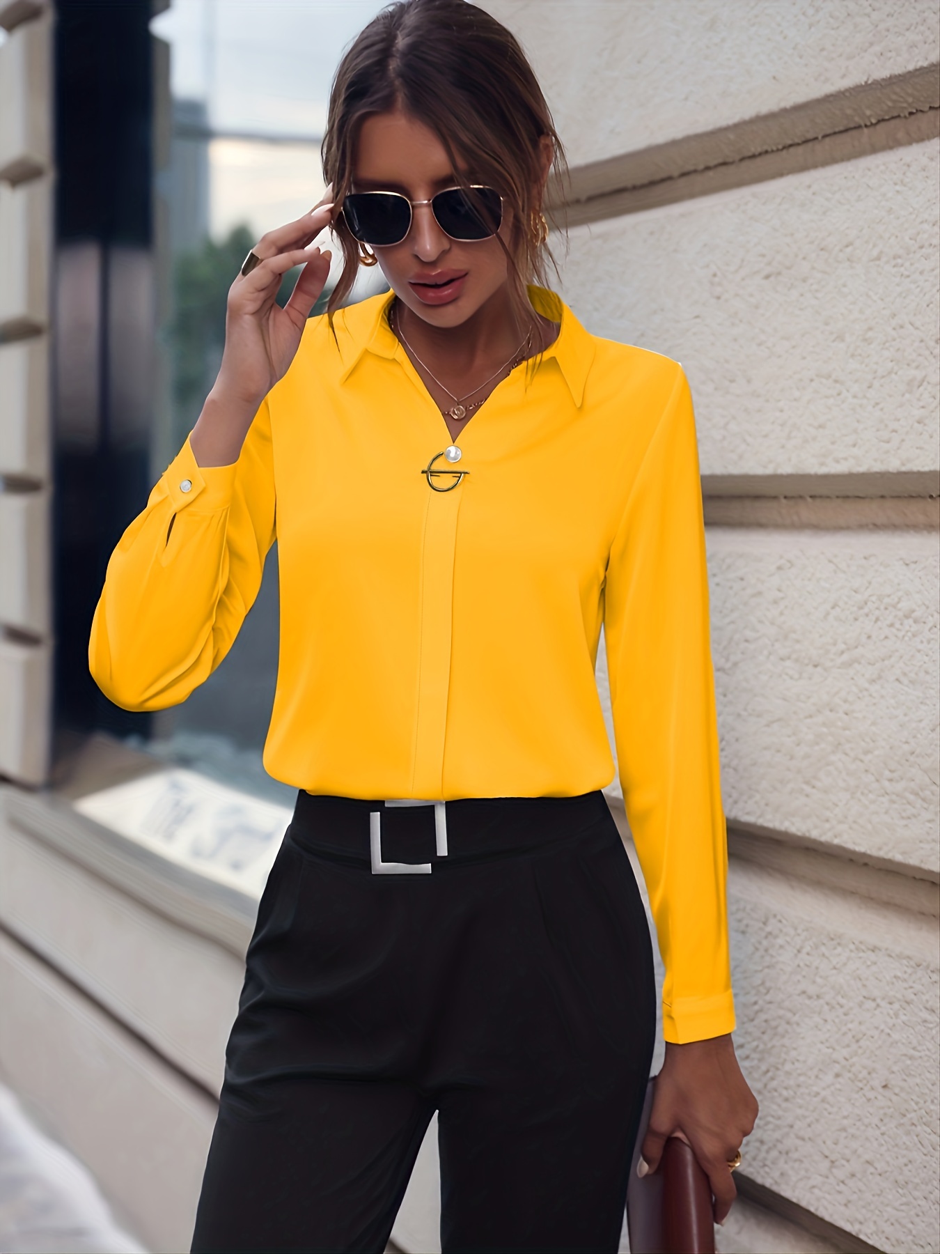 solid lapel slim shirt, solid lapel slim shirt elegant long sleeve shirt for spring fall womens clothing details 37