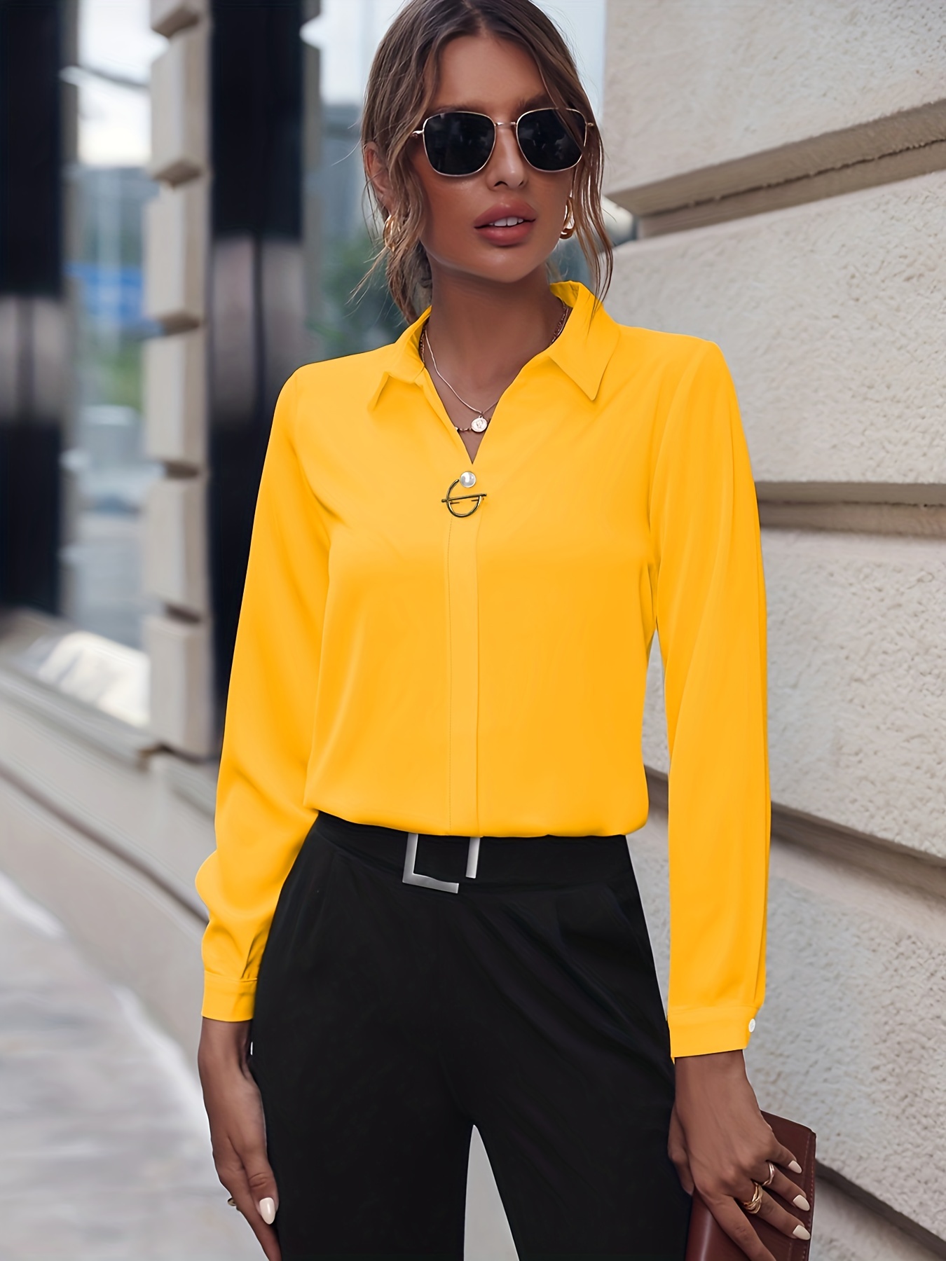 solid lapel slim shirt, solid lapel slim shirt elegant long sleeve shirt for spring fall womens clothing details 38