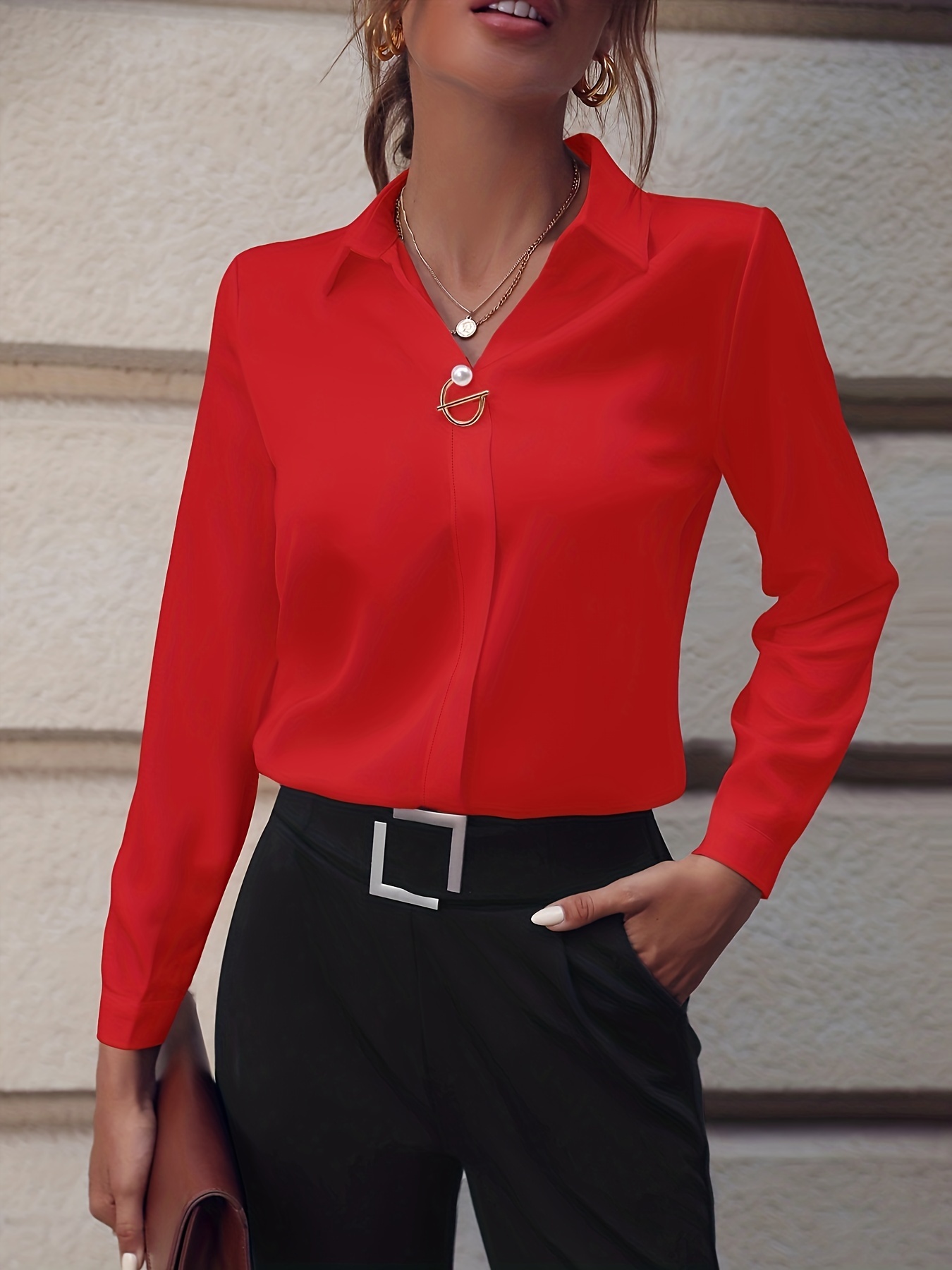 solid lapel slim shirt, solid lapel slim shirt elegant long sleeve shirt for spring fall womens clothing details 69