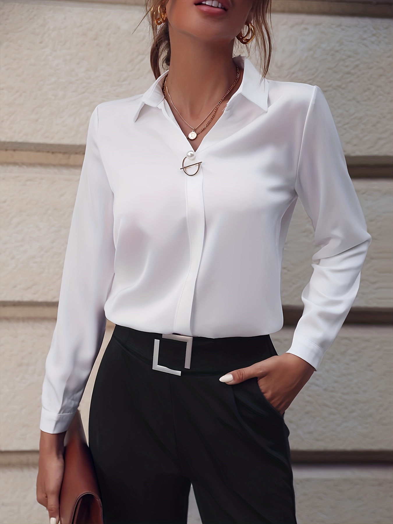 solid lapel slim shirt, solid lapel slim shirt elegant long sleeve shirt for spring fall womens clothing details 74