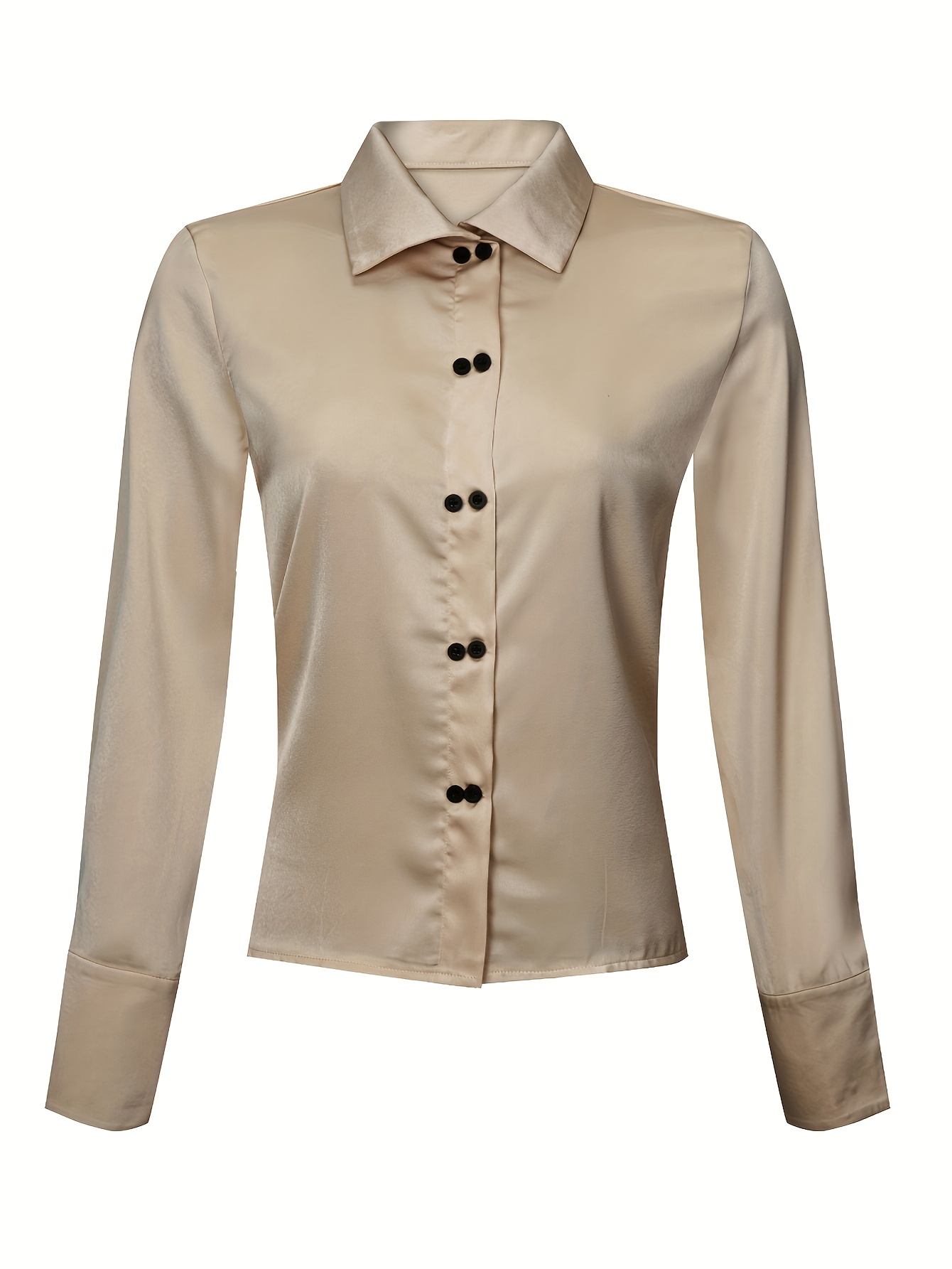 button front solid shirt, button front solid shirt elegant long sleeve collar work shirt womens clothing details 0