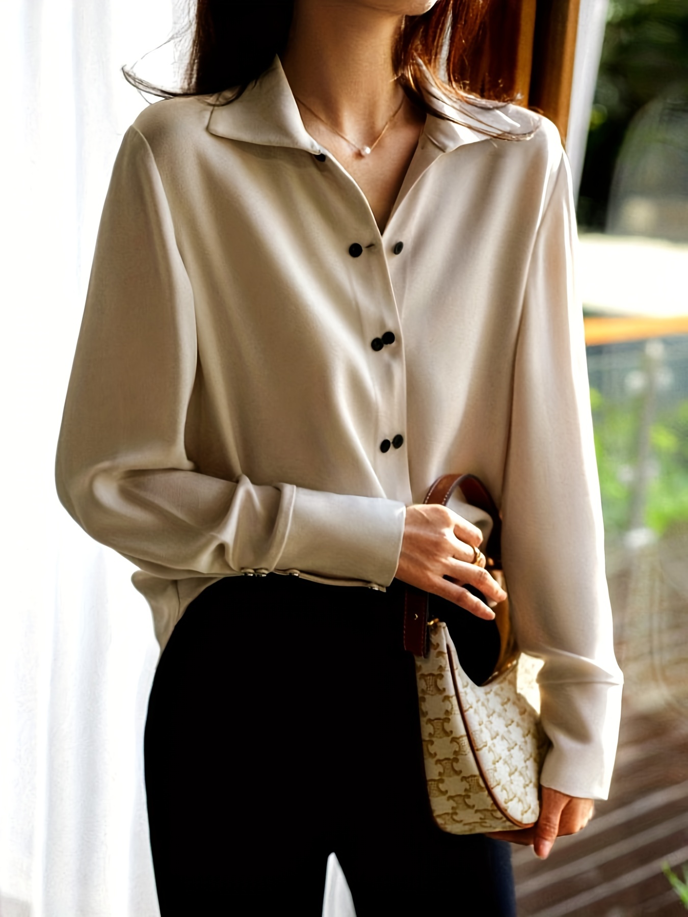 button front solid shirt, button front solid shirt elegant long sleeve collar work shirt womens clothing details 1