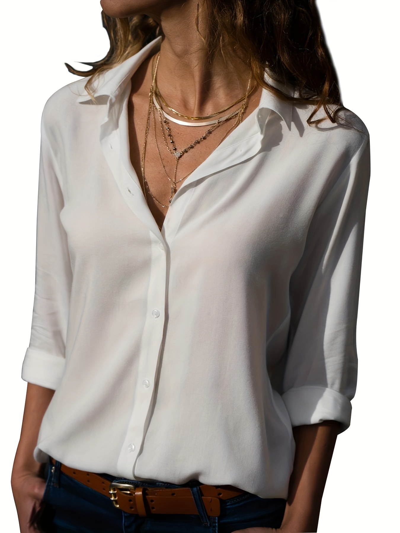 versatile solid shirt casual button front long sleeve collar shirt womens clothing details 0