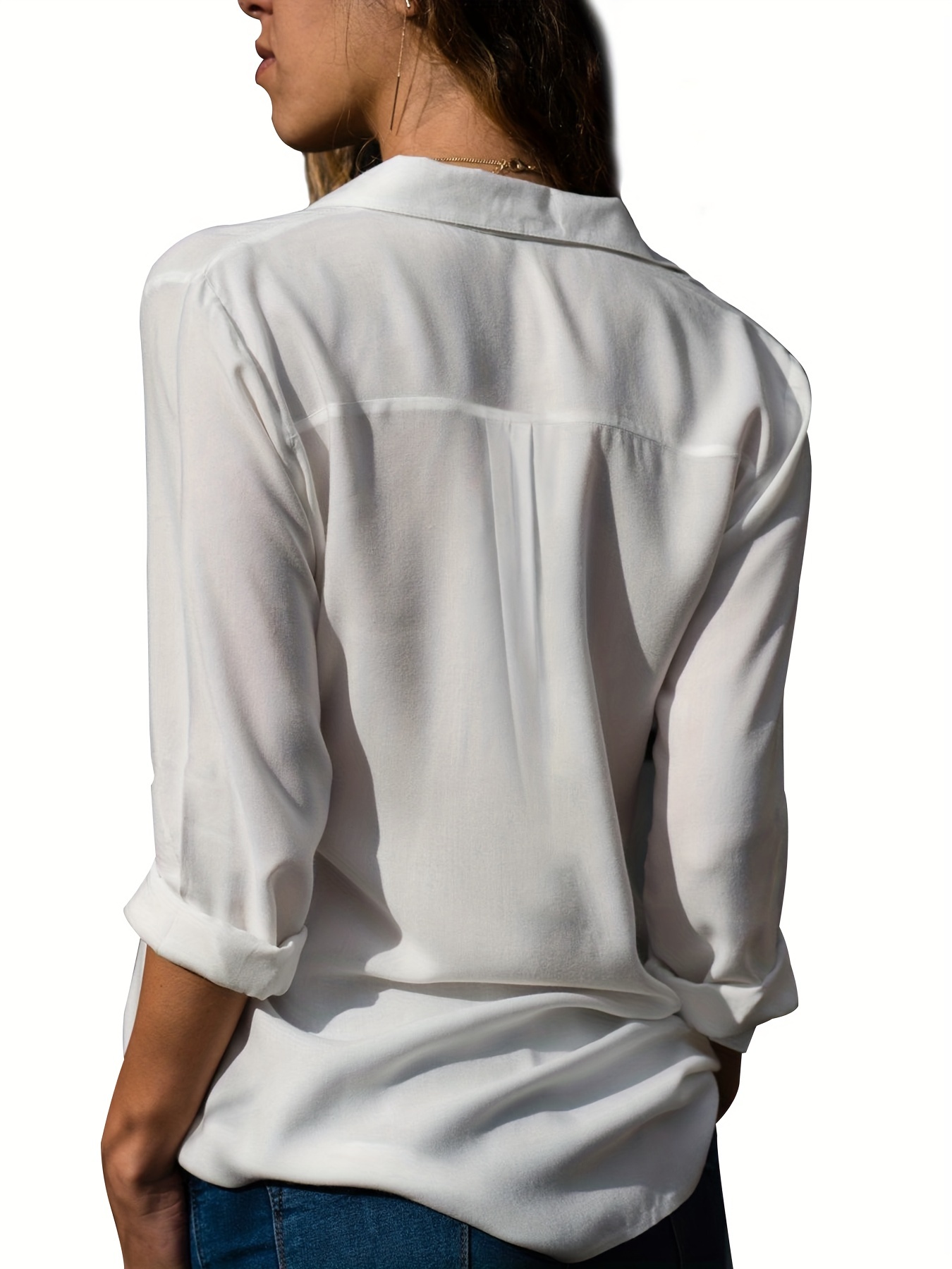 versatile solid shirt casual button front long sleeve collar shirt womens clothing details 1