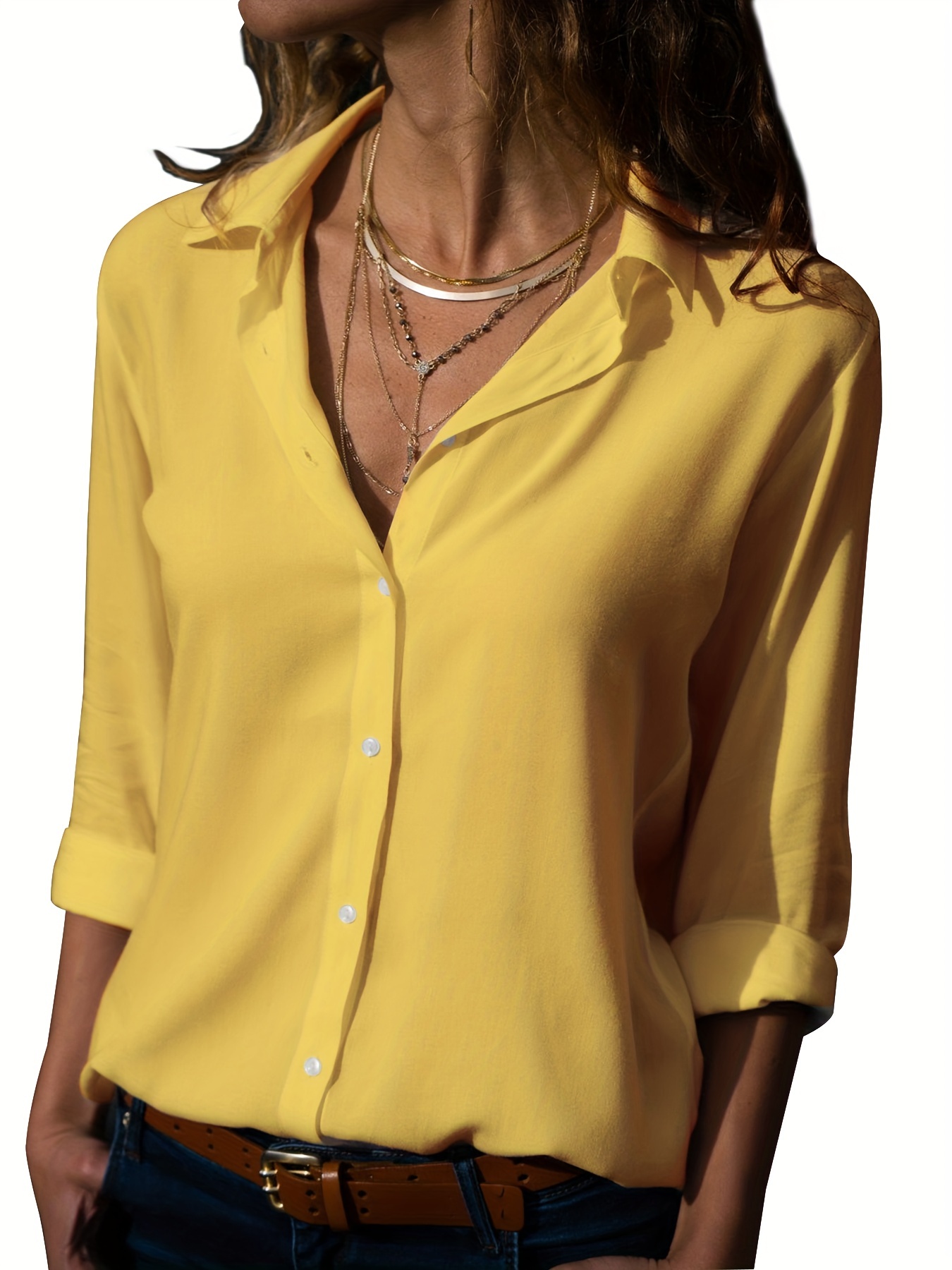 versatile solid shirt casual button front long sleeve collar shirt womens clothing details 3