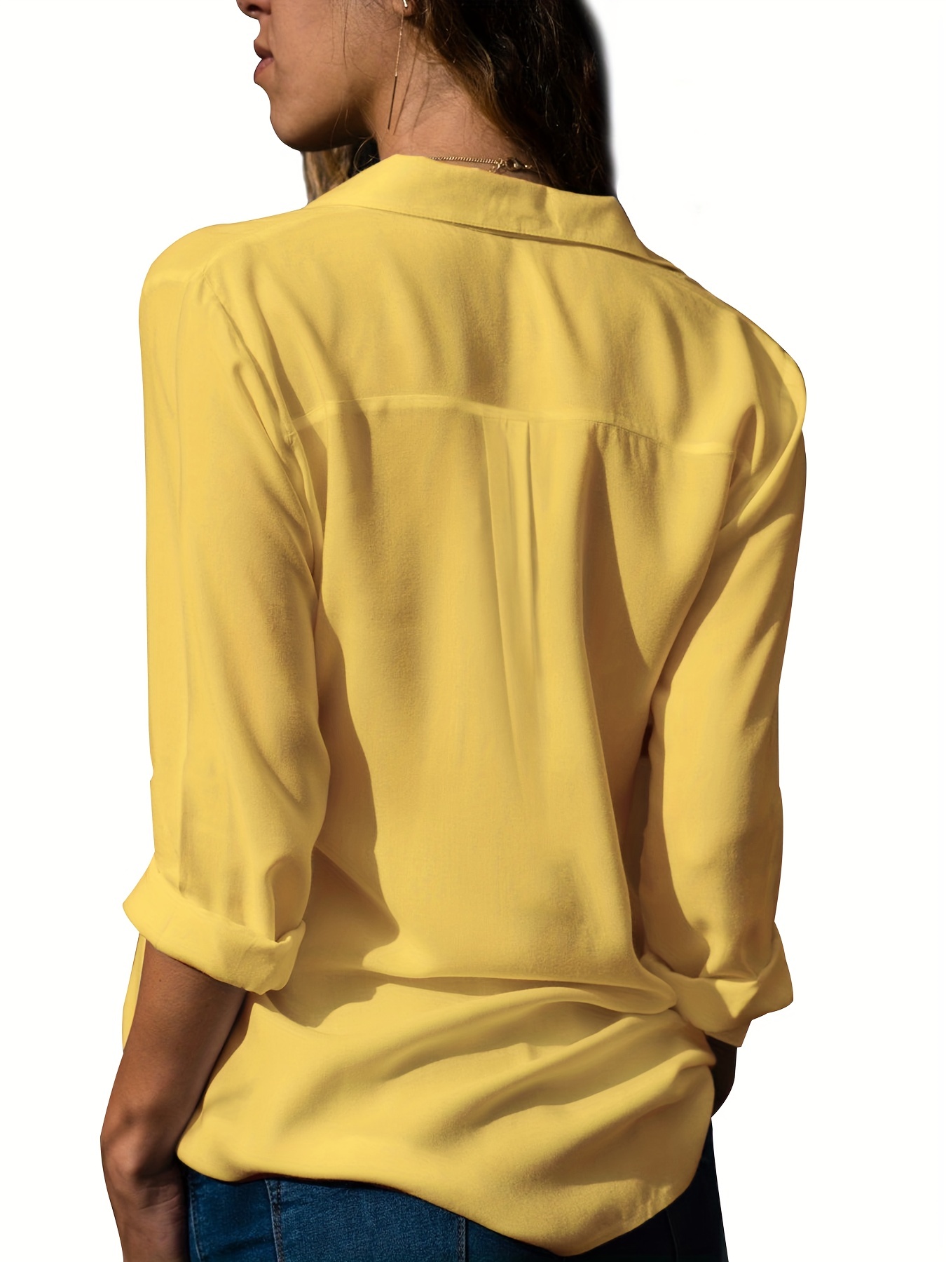 versatile solid shirt casual button front long sleeve collar shirt womens clothing details 4