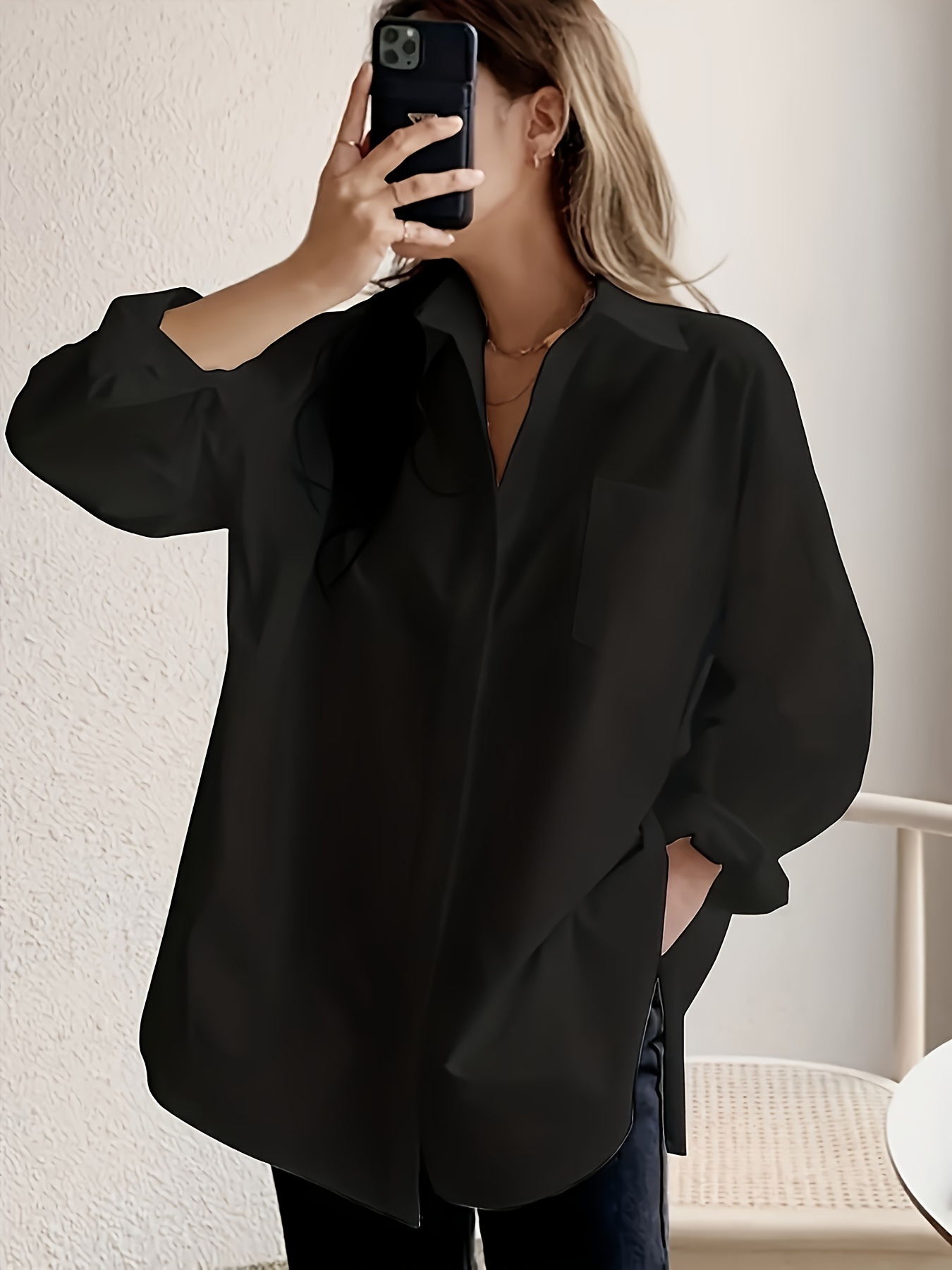 solid button front simple shirt versatile long sleeve oversized shirt for spring fall womens clothing details 5