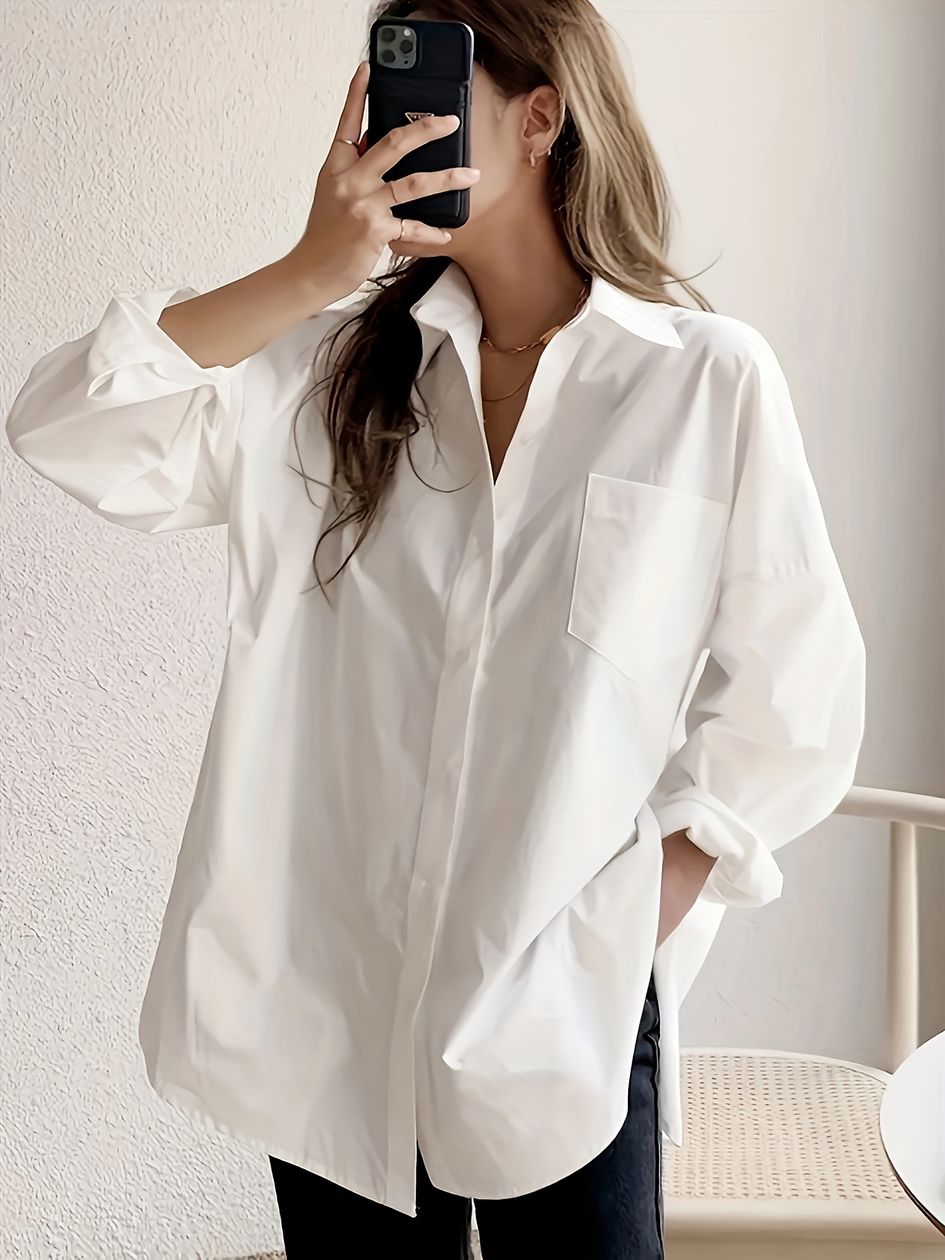 solid button front simple shirt versatile long sleeve oversized shirt for spring fall womens clothing details 8