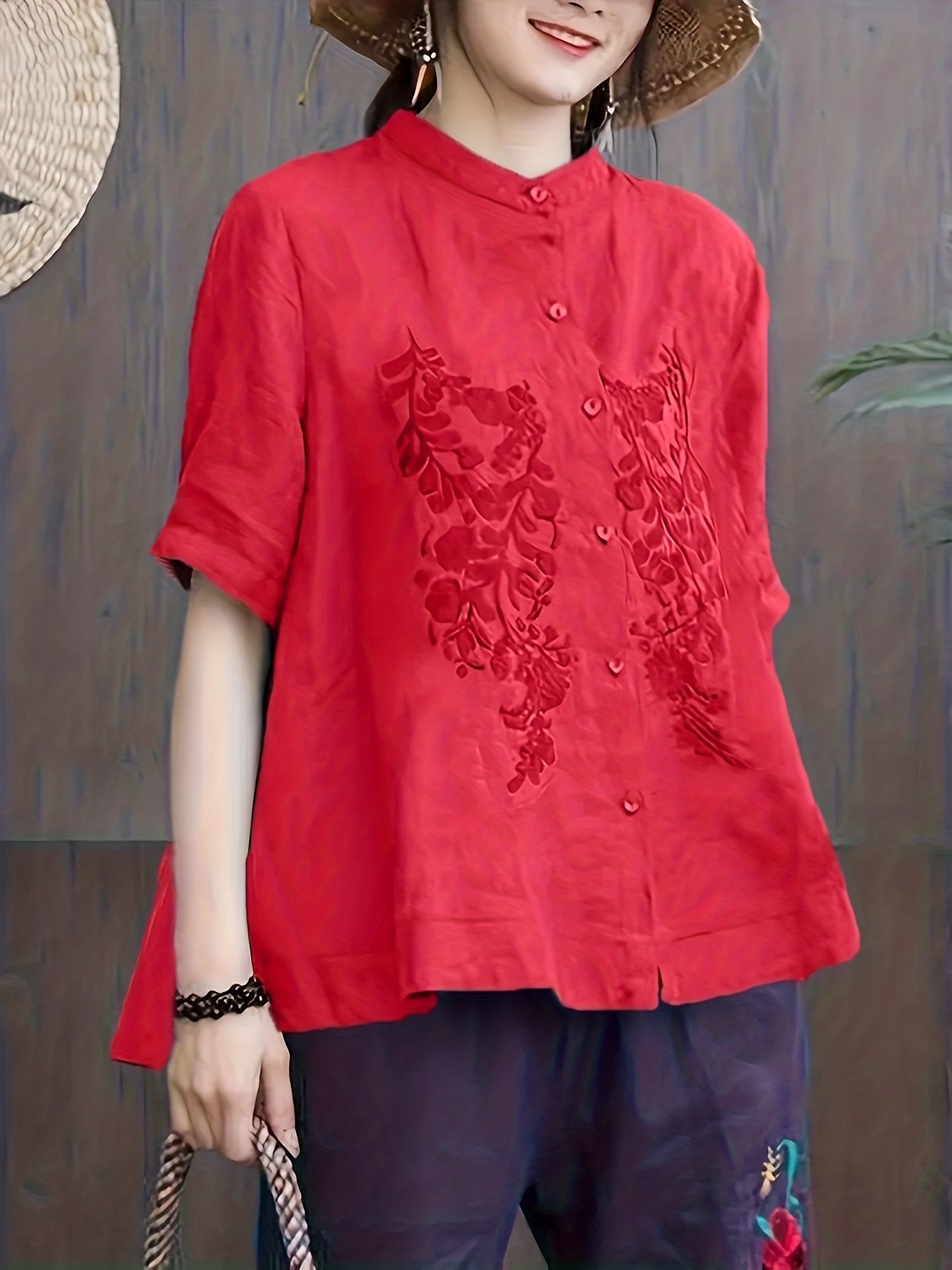 embroidered solid blouse elegant button front half sleeve blouse womens clothing details 0