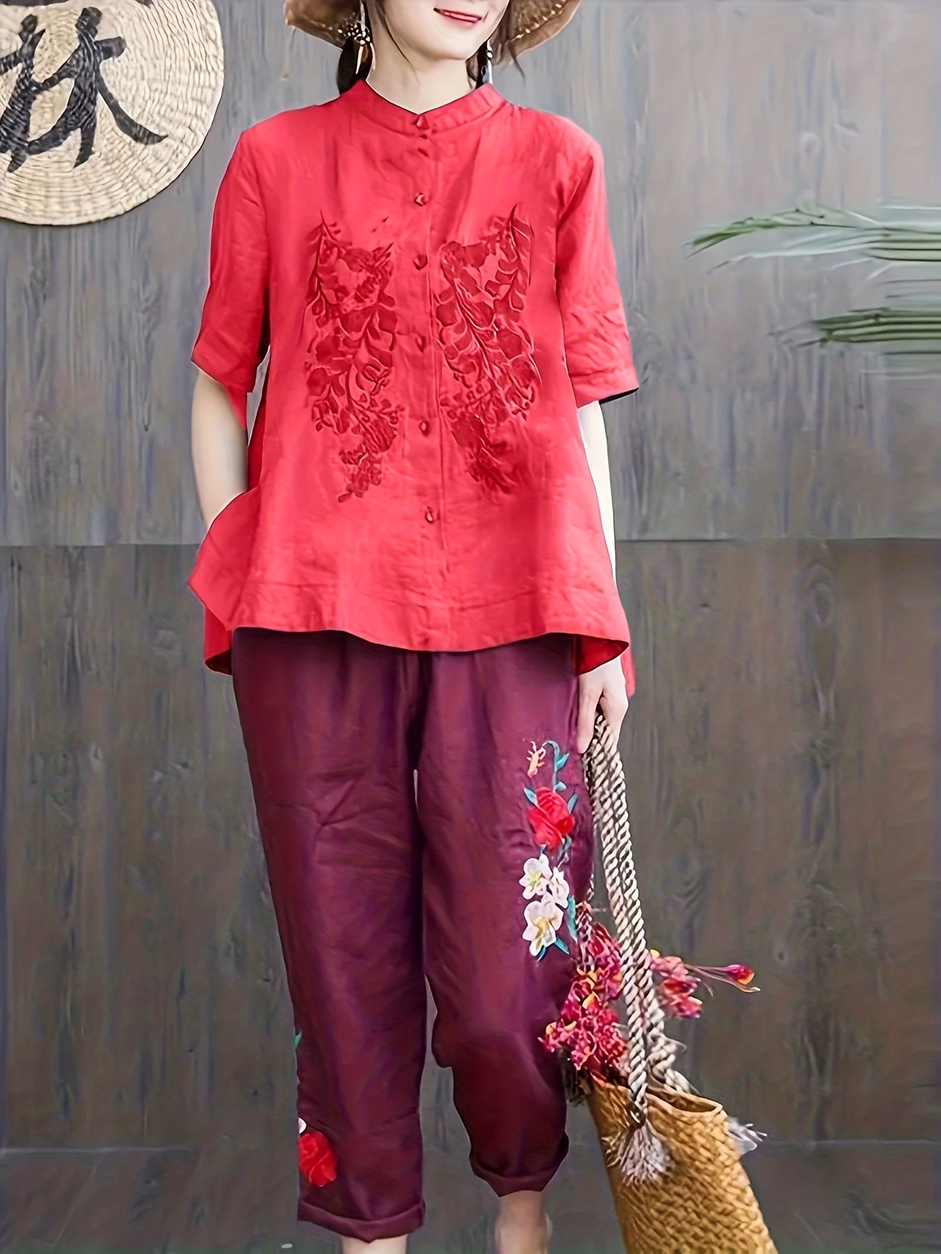 embroidered solid blouse elegant button front half sleeve blouse womens clothing details 5