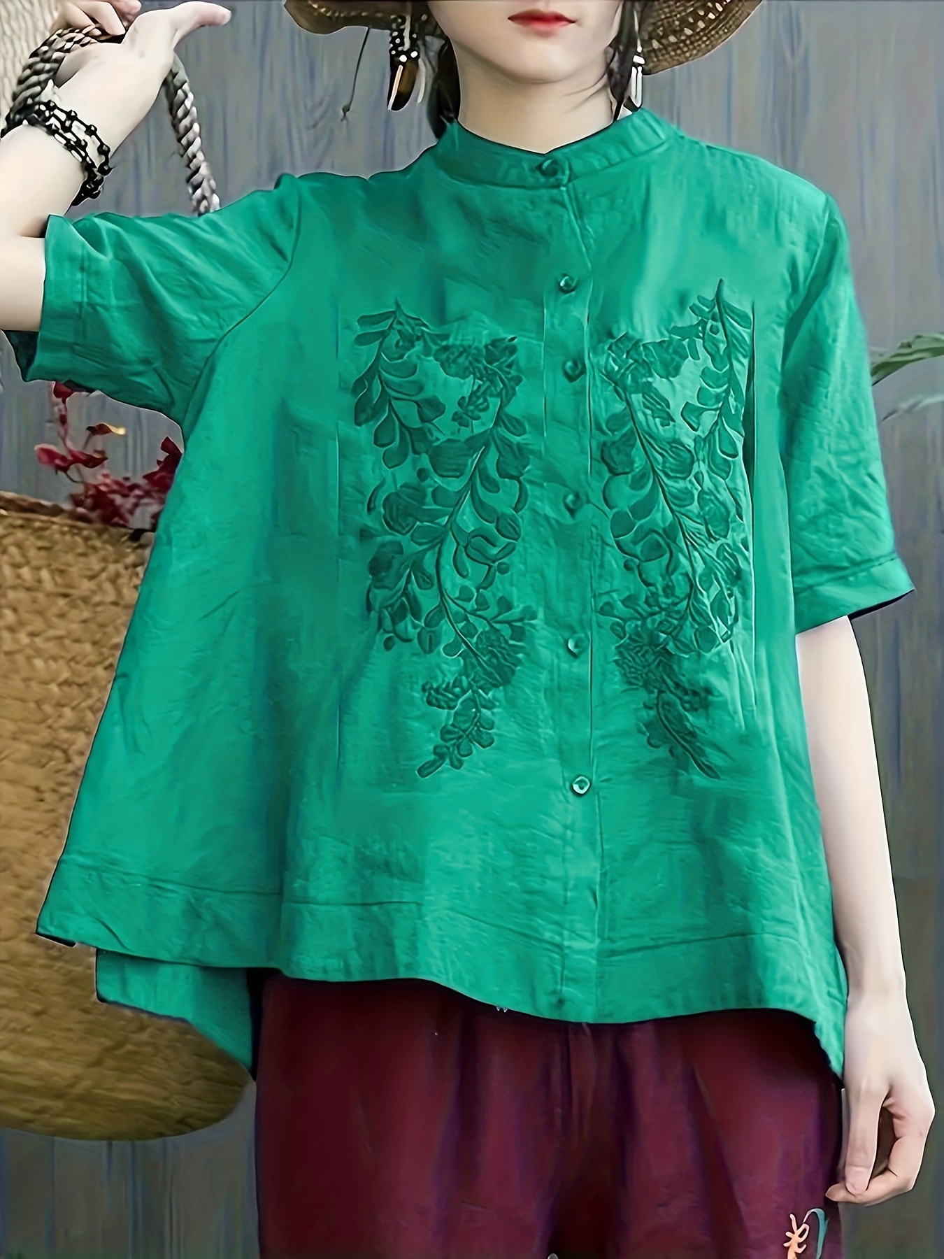 embroidered solid blouse elegant button front half sleeve blouse womens clothing details 12