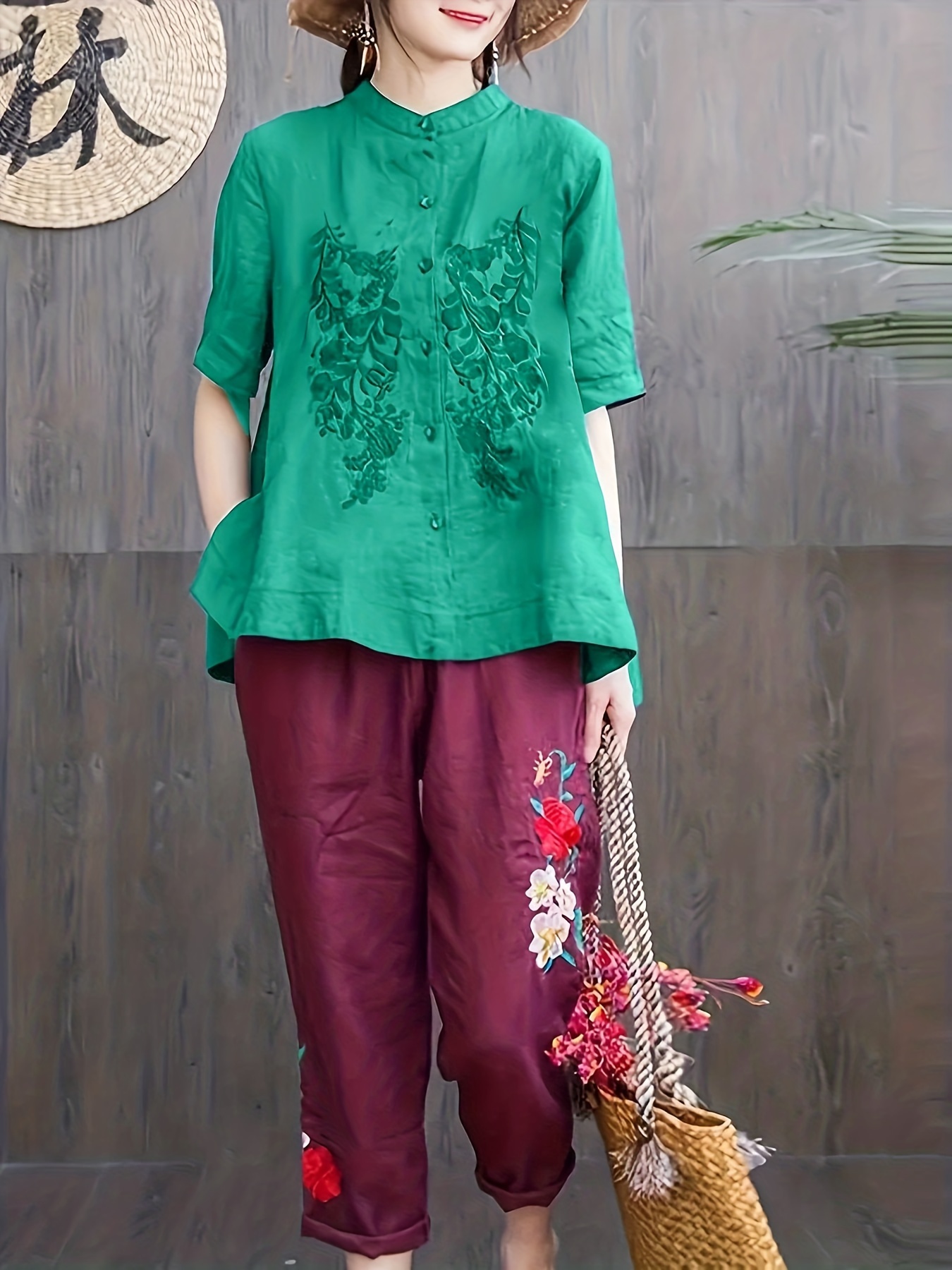 embroidered solid blouse elegant button front half sleeve blouse womens clothing details 13