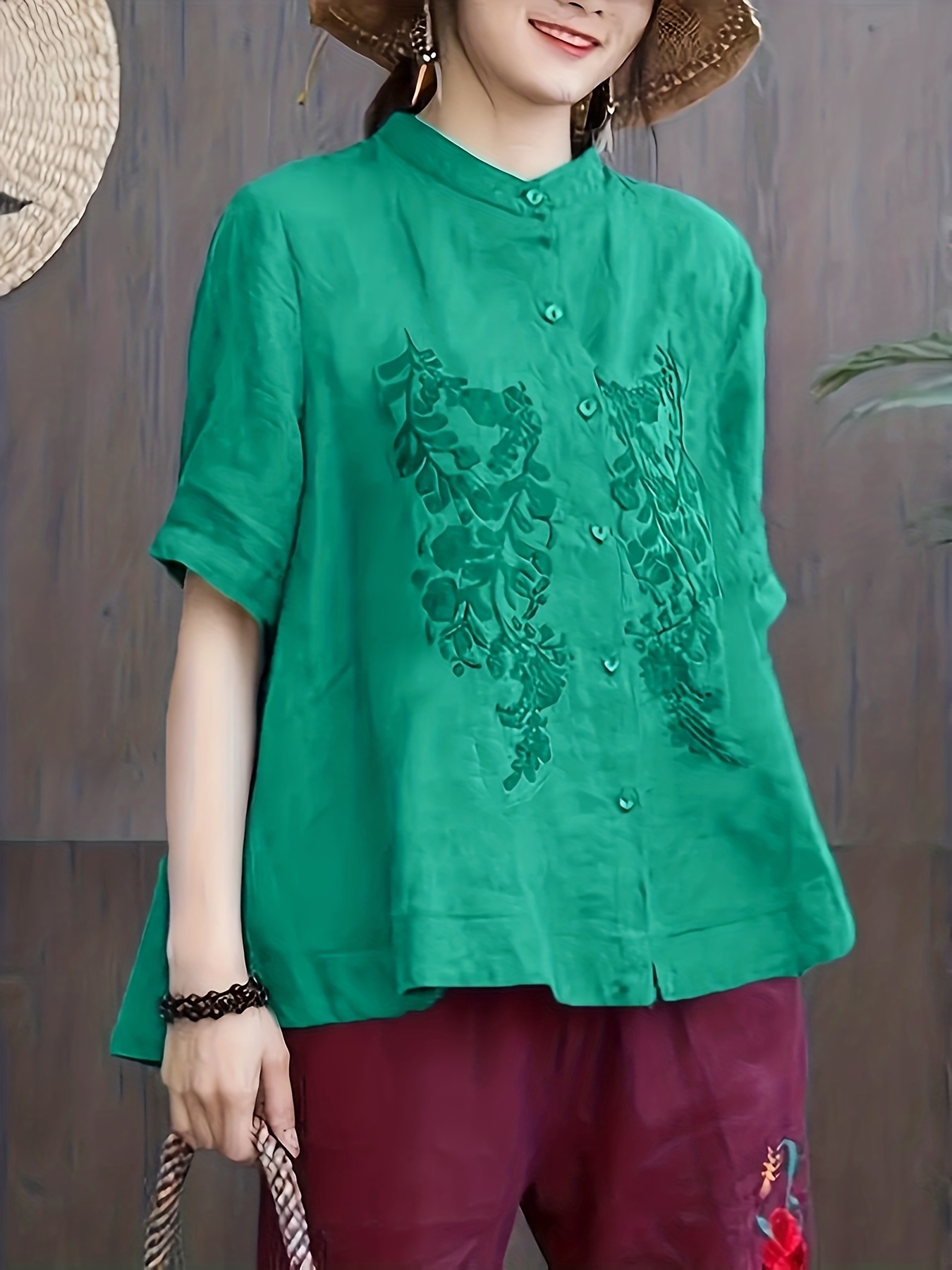 embroidered solid blouse elegant button front half sleeve blouse womens clothing details 16