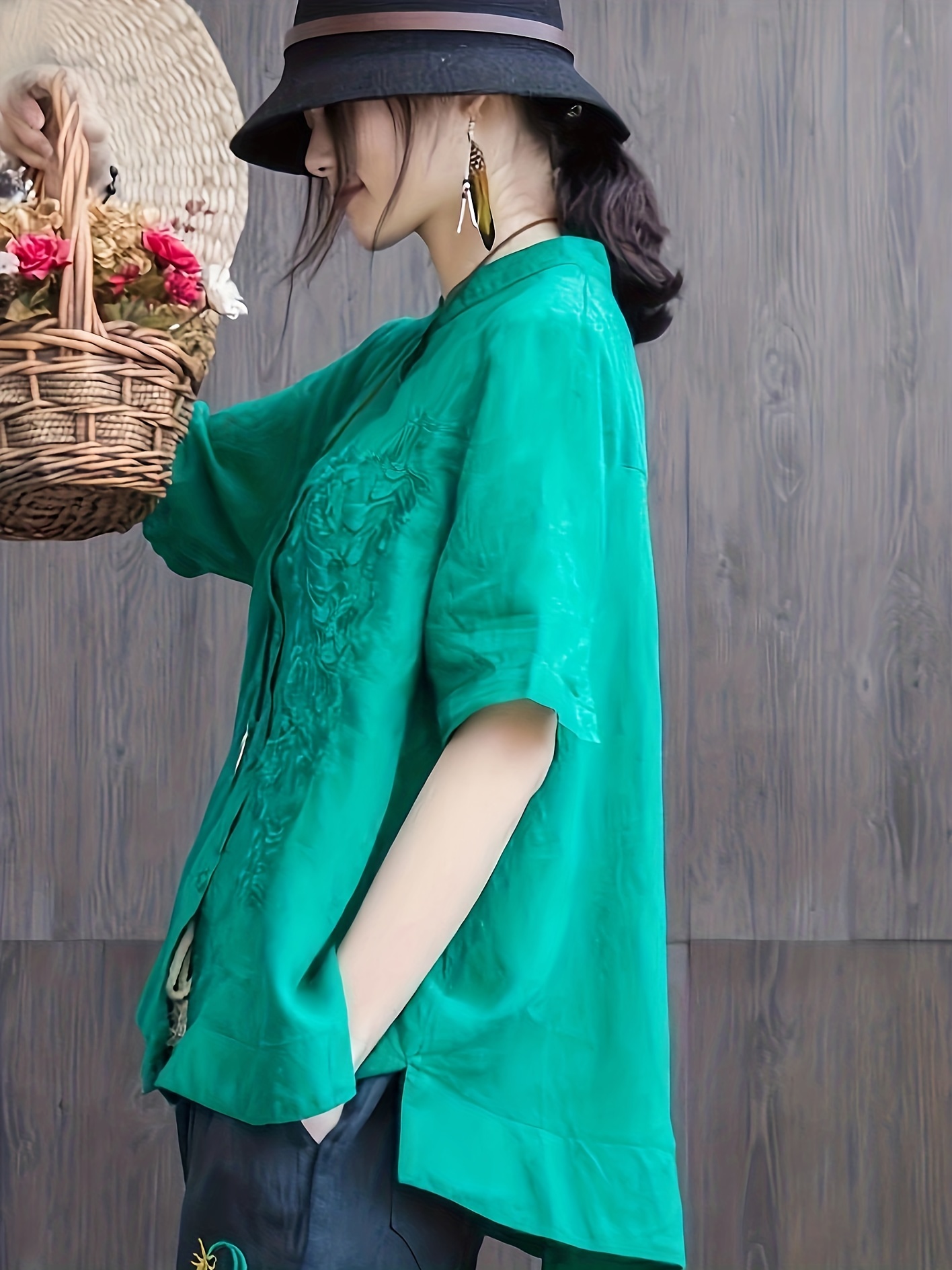 embroidered solid blouse elegant button front half sleeve blouse womens clothing details 17