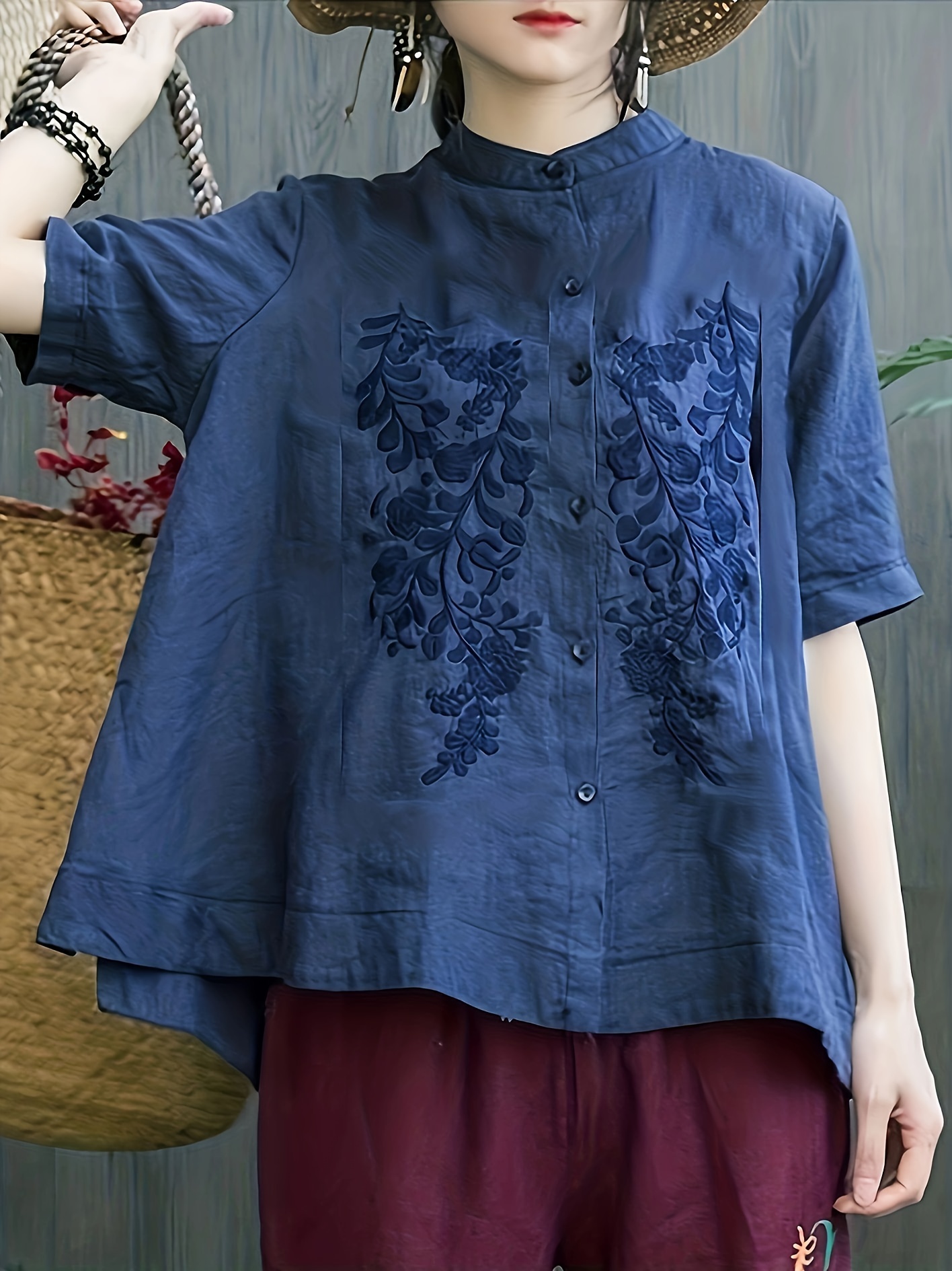 embroidered solid blouse elegant button front half sleeve blouse womens clothing details 18